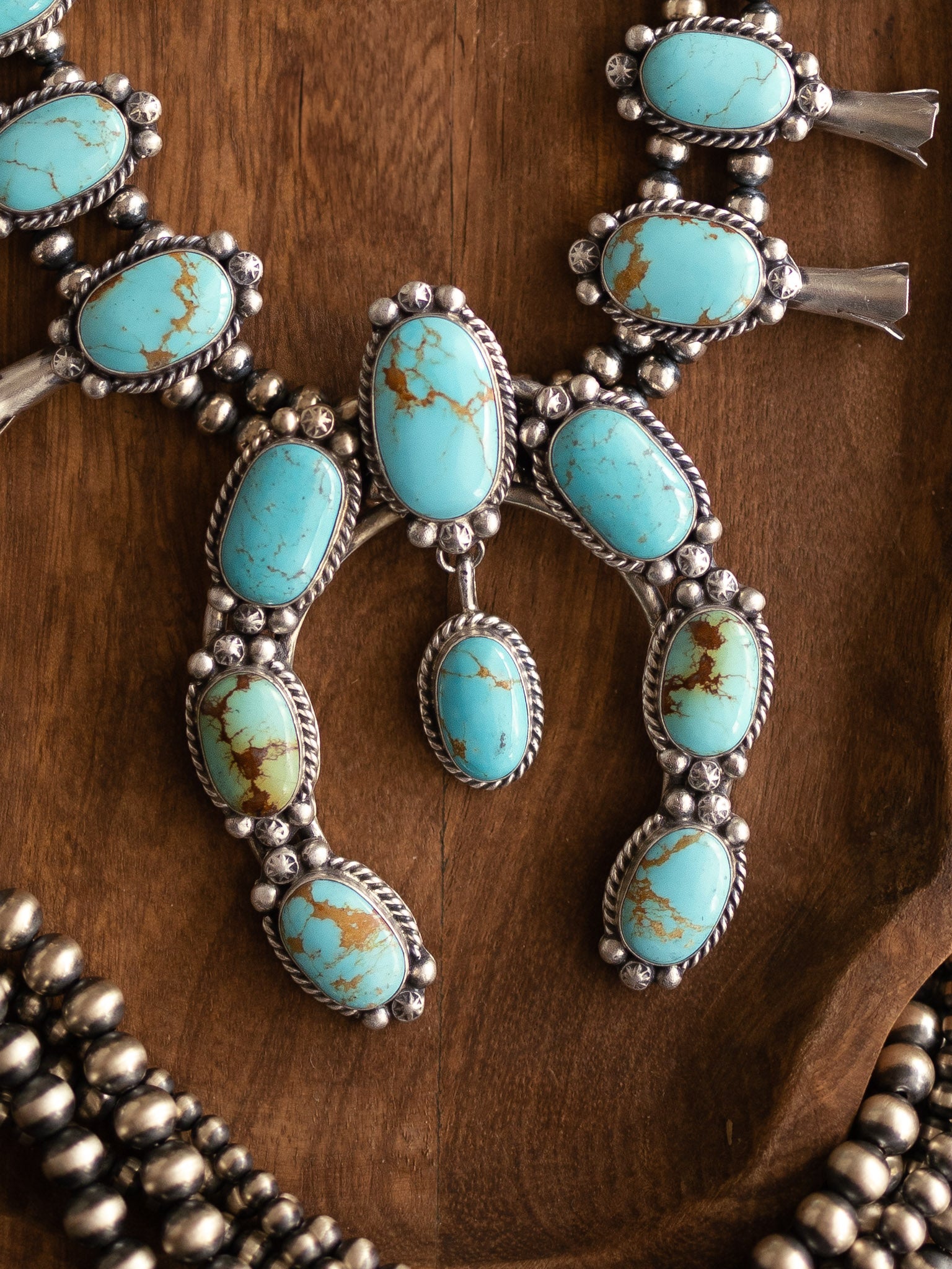 The Beacon Squash Blossom Necklace Set-Necklaces-Calli Co., Turquoise and Silver Jewelry, Native American Handmade, Zuni Tribe, Navajo Tribe, Brock Texas