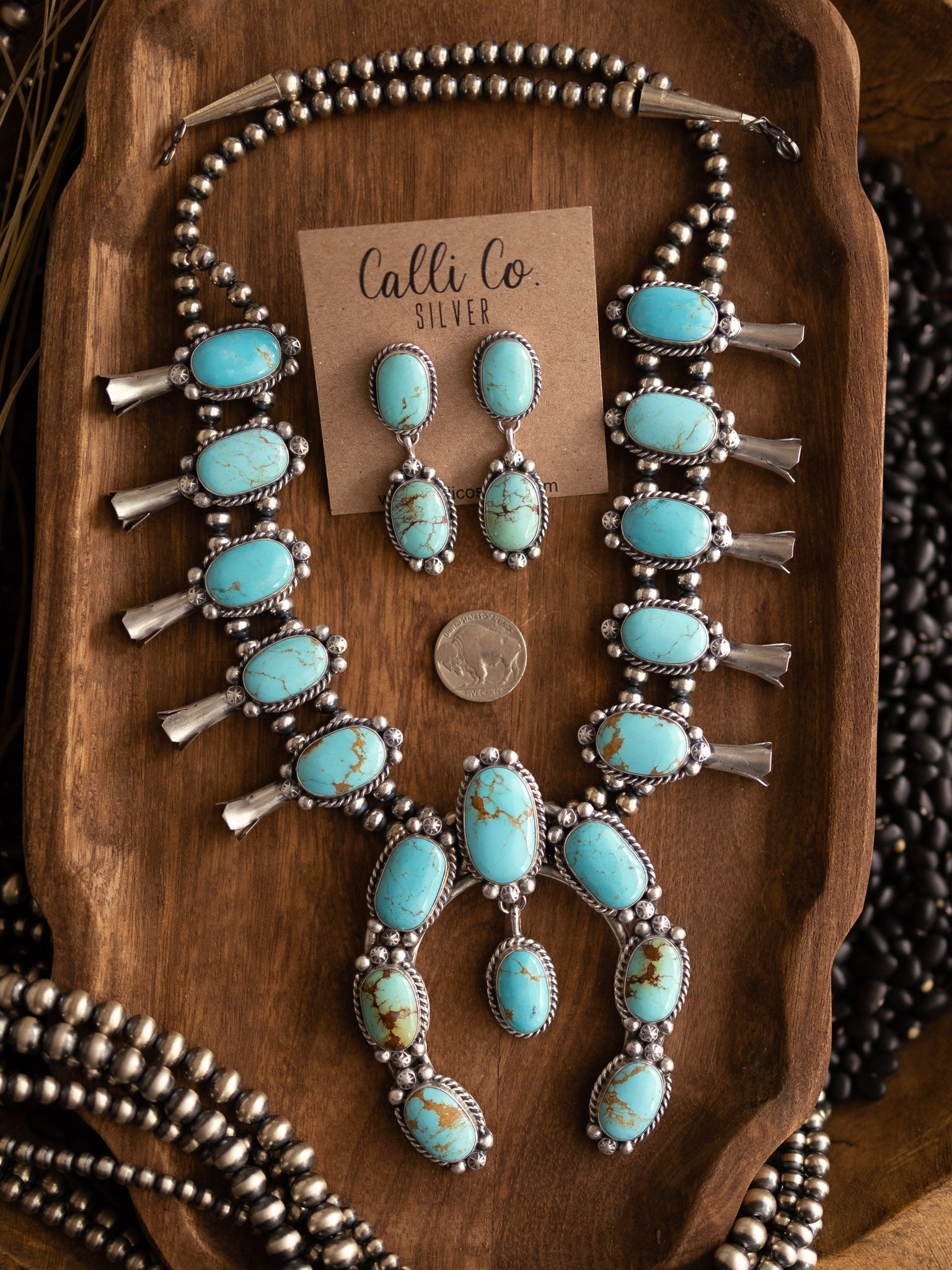 The Beacon Squash Blossom Necklace Set-Necklaces-Calli Co., Turquoise and Silver Jewelry, Native American Handmade, Zuni Tribe, Navajo Tribe, Brock Texas