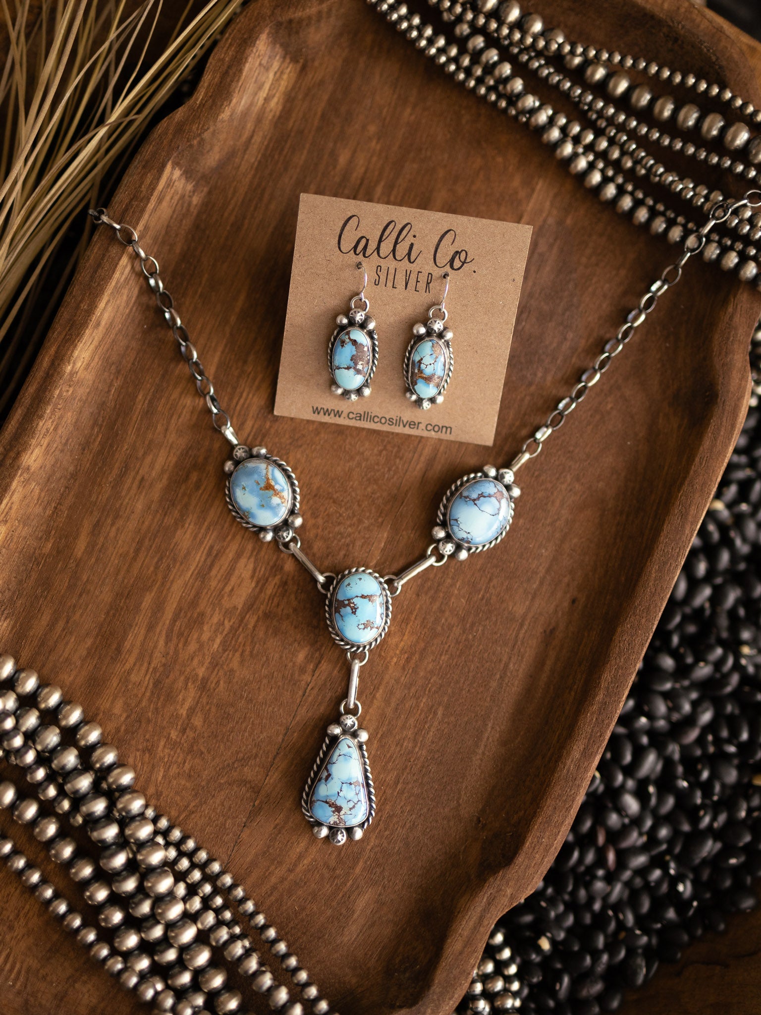 The Dolliver Golden Hills Lariat-Necklaces-Calli Co., Turquoise and Silver Jewelry, Native American Handmade, Zuni Tribe, Navajo Tribe, Brock Texas