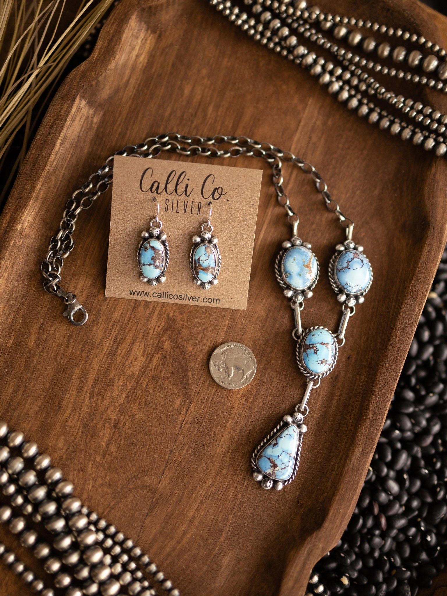 The Dolliver Golden Hills Lariat-Necklaces-Calli Co., Turquoise and Silver Jewelry, Native American Handmade, Zuni Tribe, Navajo Tribe, Brock Texas