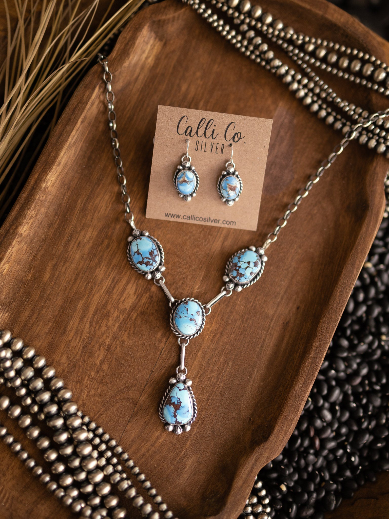 The Edisto Golden Hills Lariat Necklace Set-Necklaces-Calli Co., Turquoise and Silver Jewelry, Native American Handmade, Zuni Tribe, Navajo Tribe, Brock Texas