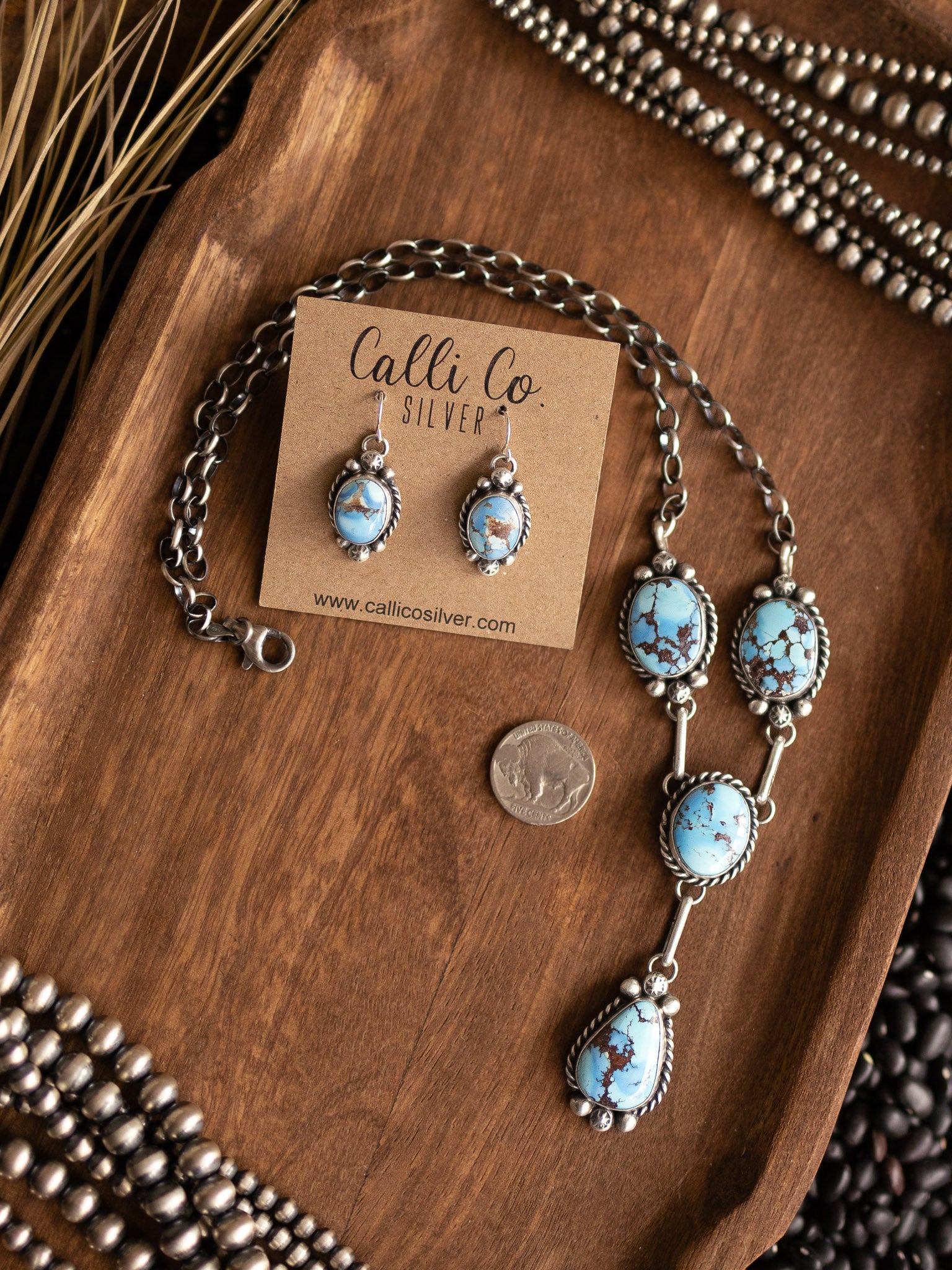 The Edisto Golden Hills Lariat Necklace Set-Necklaces-Calli Co., Turquoise and Silver Jewelry, Native American Handmade, Zuni Tribe, Navajo Tribe, Brock Texas