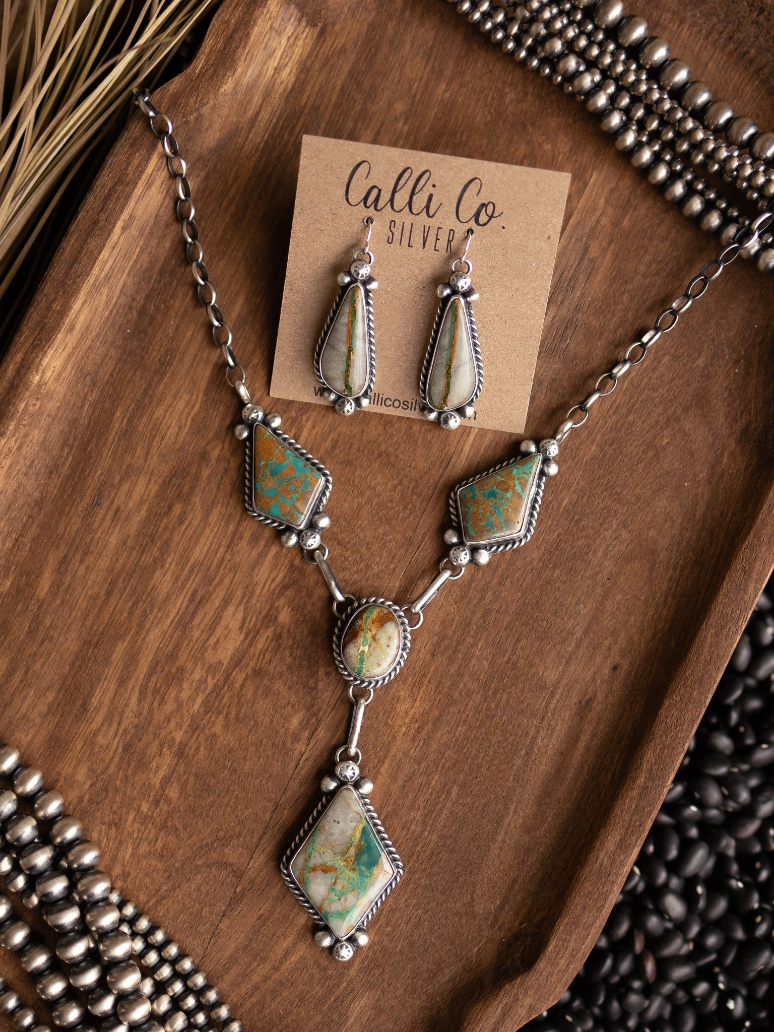 The Warrawee Turquoise Lariat Necklace Set-Necklaces-Calli Co., Turquoise and Silver Jewelry, Native American Handmade, Zuni Tribe, Navajo Tribe, Brock Texas