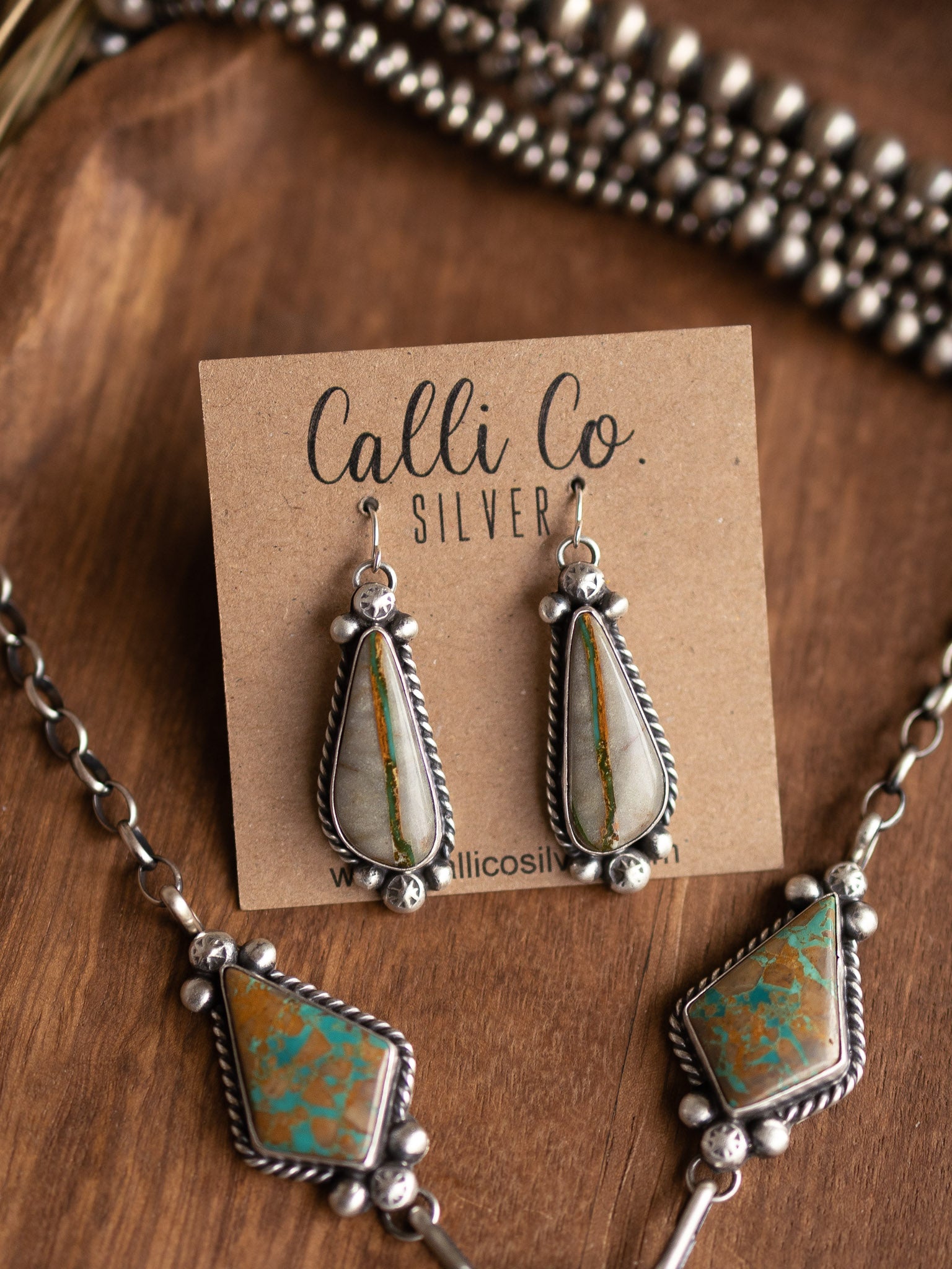 The Warrawee Turquoise Lariat Necklace Set-Necklaces-Calli Co., Turquoise and Silver Jewelry, Native American Handmade, Zuni Tribe, Navajo Tribe, Brock Texas