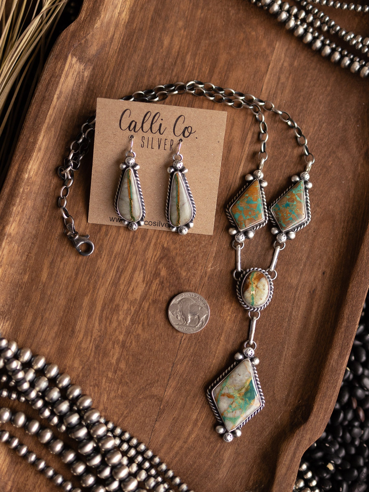 The Warrawee Turquoise Lariat Necklace Set-Necklaces-Calli Co., Turquoise and Silver Jewelry, Native American Handmade, Zuni Tribe, Navajo Tribe, Brock Texas