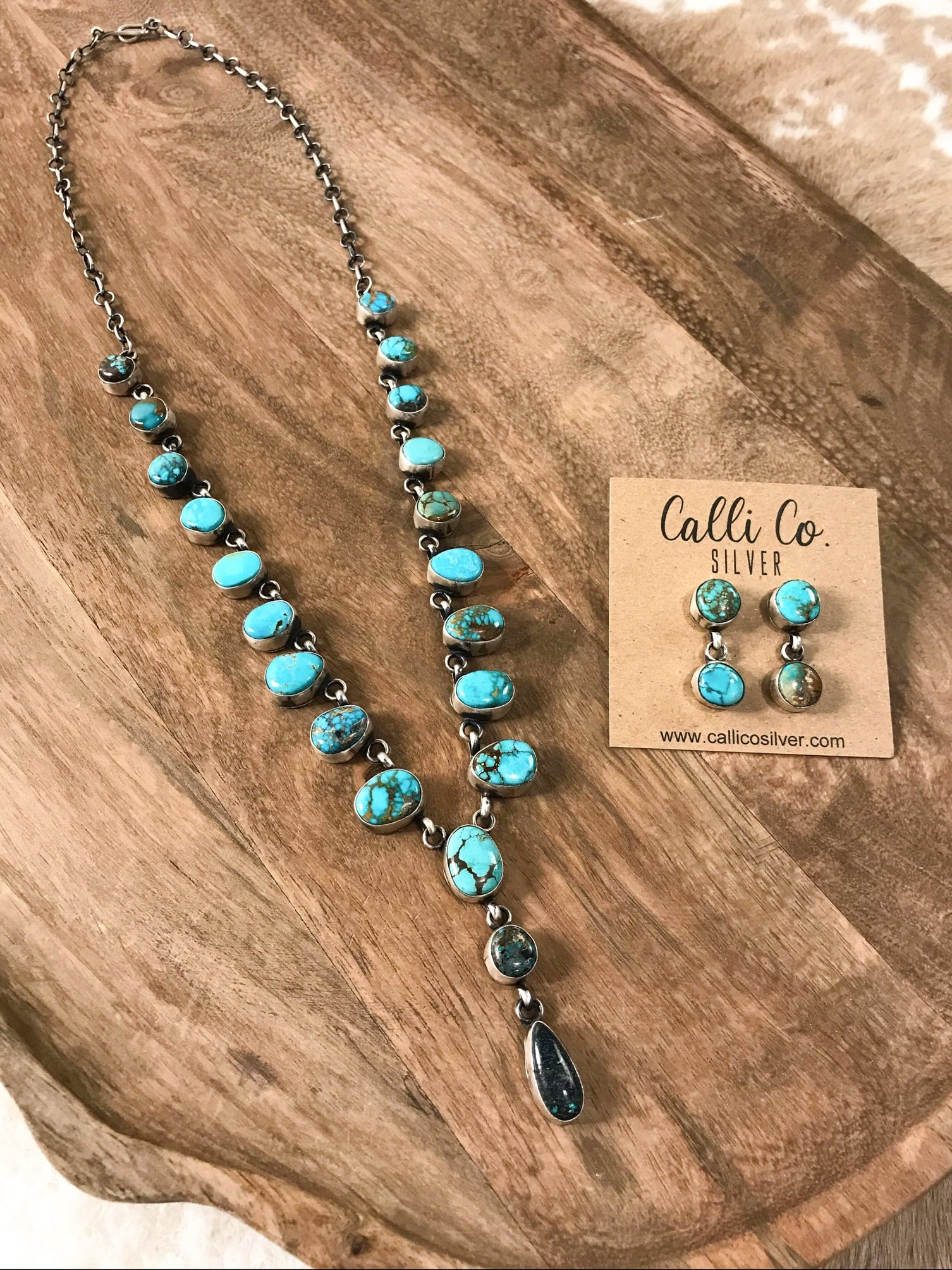 The Beau Turquoise Lariat Necklace Set-Necklaces-Calli Co., Turquoise and Silver Jewelry, Native American Handmade, Zuni Tribe, Navajo Tribe, Brock Texas