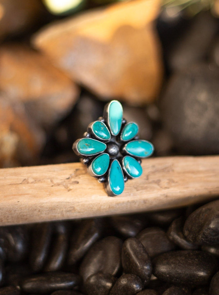 The Keokee Turquoise Cluster Ring 1, Sz 8-Rings-Calli Co., Turquoise and Silver Jewelry, Native American Handmade, Zuni Tribe, Navajo Tribe, Brock Texas