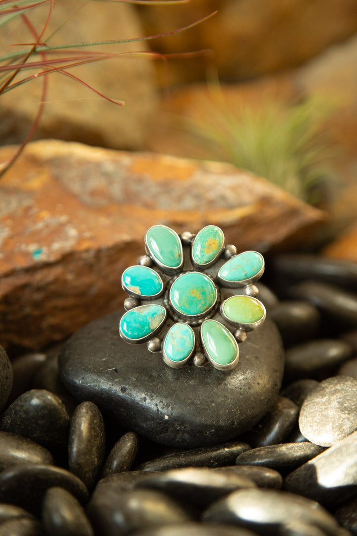 The Keokee Turquoise Cluster Ring 2, Sz 7.5-Rings-Calli Co., Turquoise and Silver Jewelry, Native American Handmade, Zuni Tribe, Navajo Tribe, Brock Texas