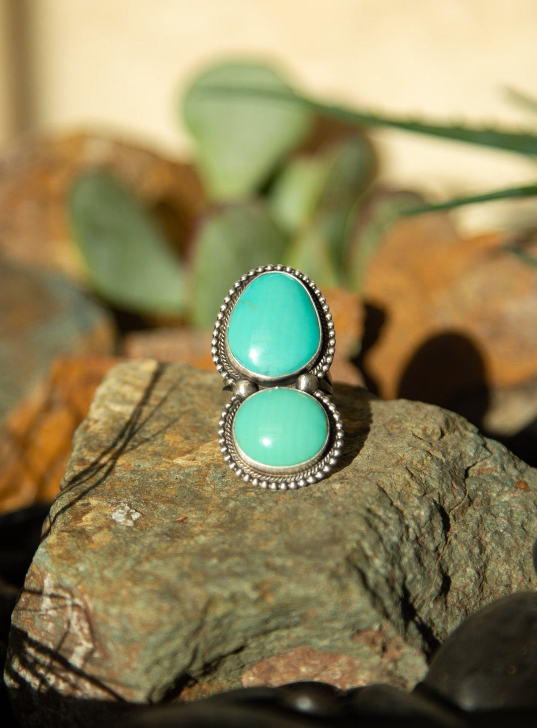 The Wallace Double Stone Turquoise Ring 6, Sz 7.5-Rings-Calli Co., Turquoise and Silver Jewelry, Native American Handmade, Zuni Tribe, Navajo Tribe, Brock Texas