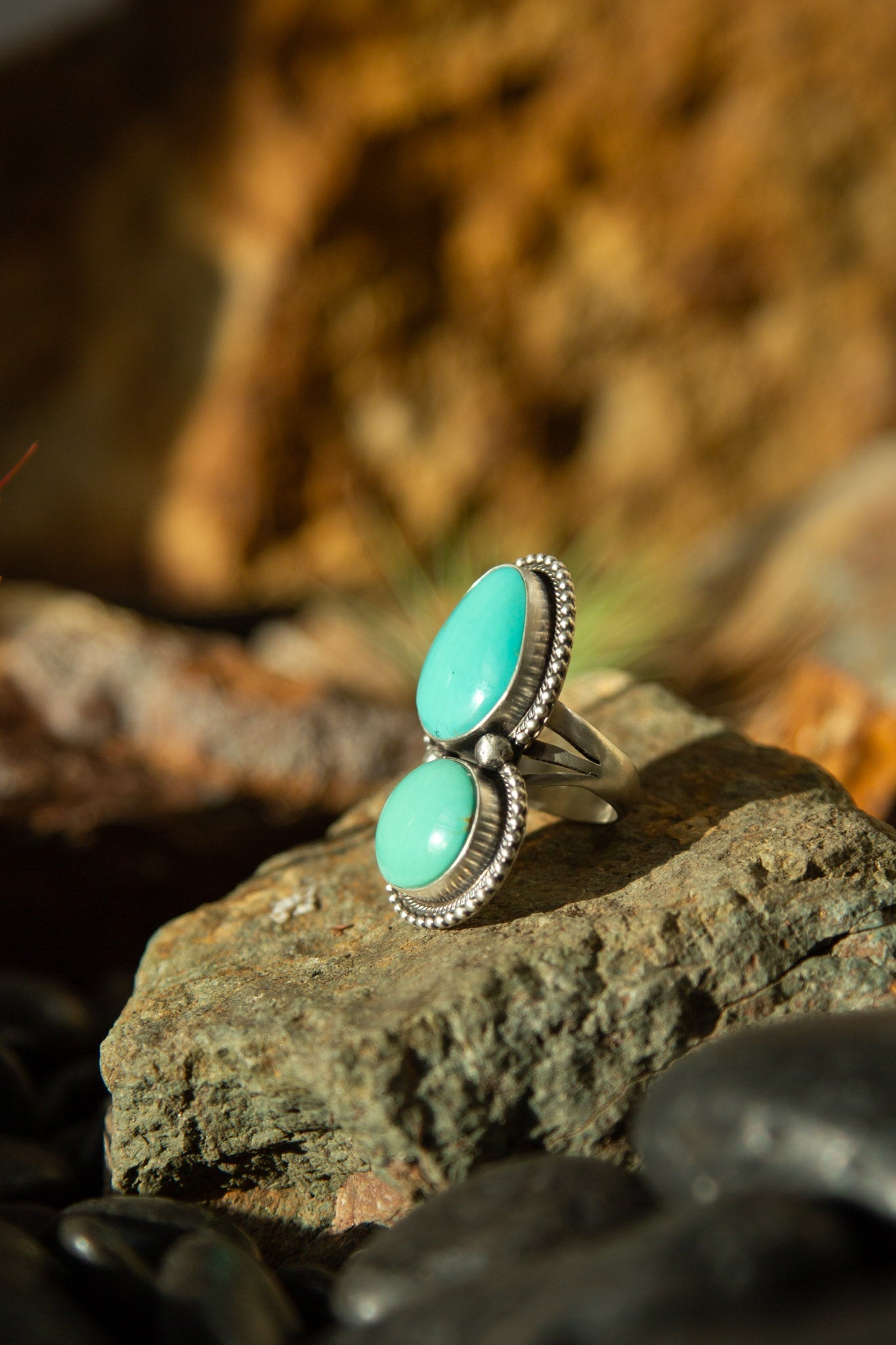 The Wallace Double Stone Turquoise Ring 62, Sz 7.5-Rings-Calli Co., Turquoise and Silver Jewelry, Native American Handmade, Zuni Tribe, Navajo Tribe, Brock Texas