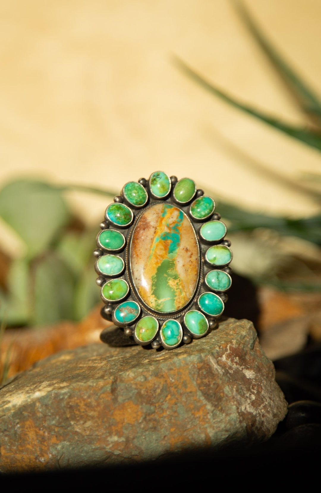 The Hepburn Turquoise Cluster Ring, Sz 7.5-Rings-Calli Co., Turquoise and Silver Jewelry, Native American Handmade, Zuni Tribe, Navajo Tribe, Brock Texas