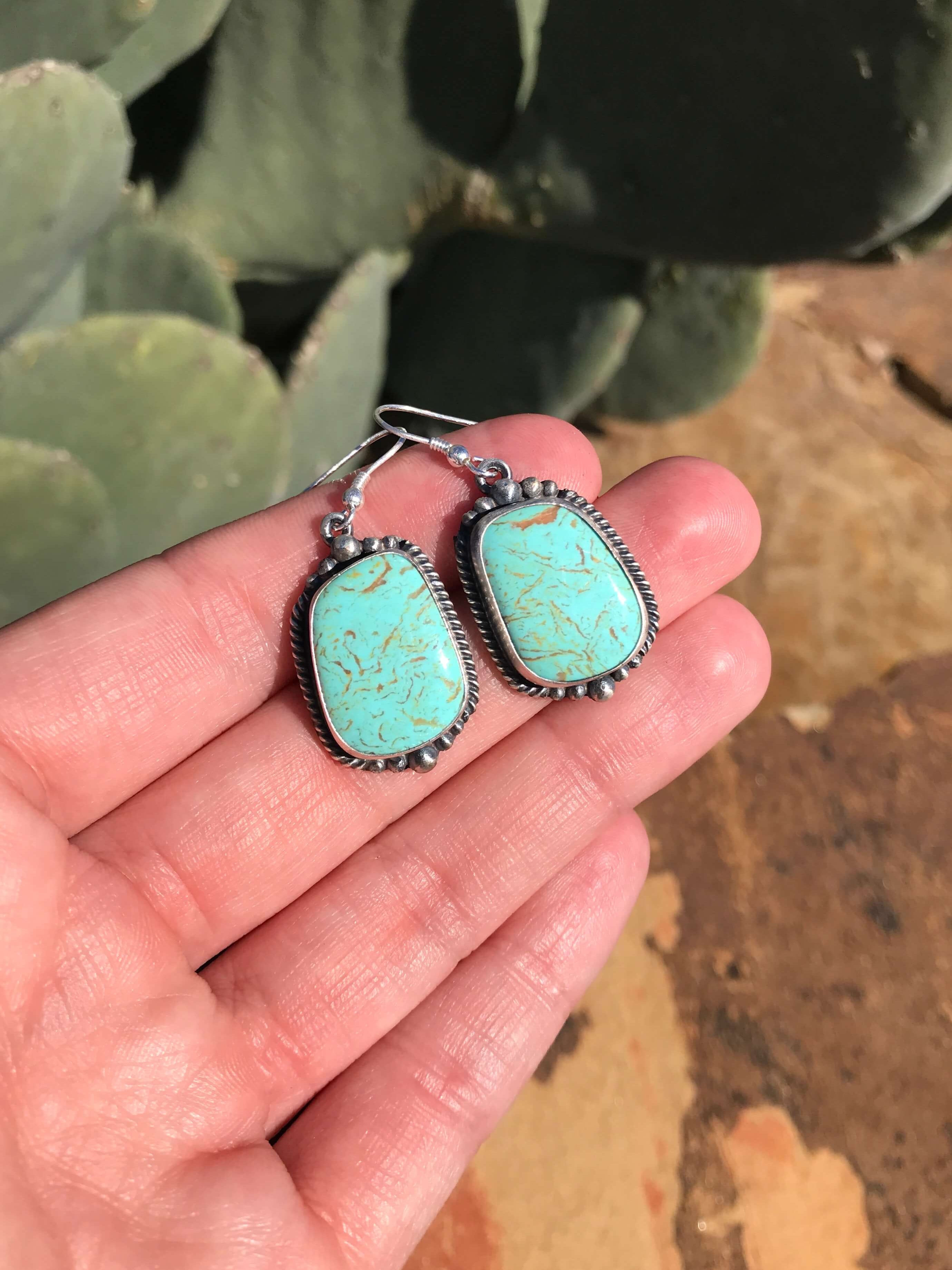 The Turquoise Dangle Earrings, 9-Earrings-Calli Co., Turquoise and Silver Jewelry, Native American Handmade, Zuni Tribe, Navajo Tribe, Brock Texas