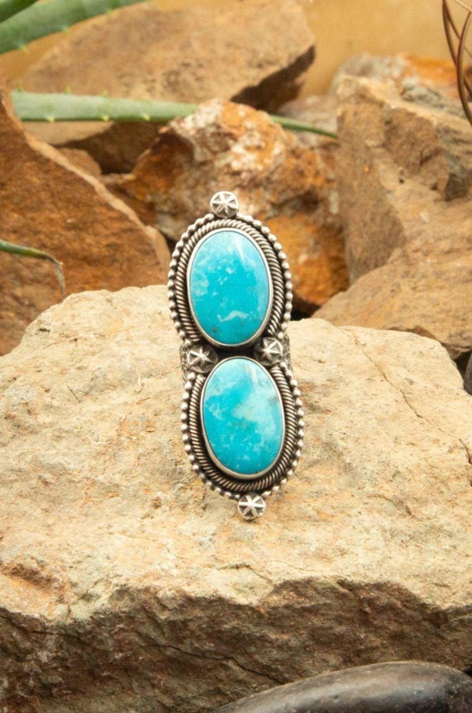 The Fenton Double Stone Ring 3, Sz 6.75-Rings-Calli Co., Turquoise and Silver Jewelry, Native American Handmade, Zuni Tribe, Navajo Tribe, Brock Texas