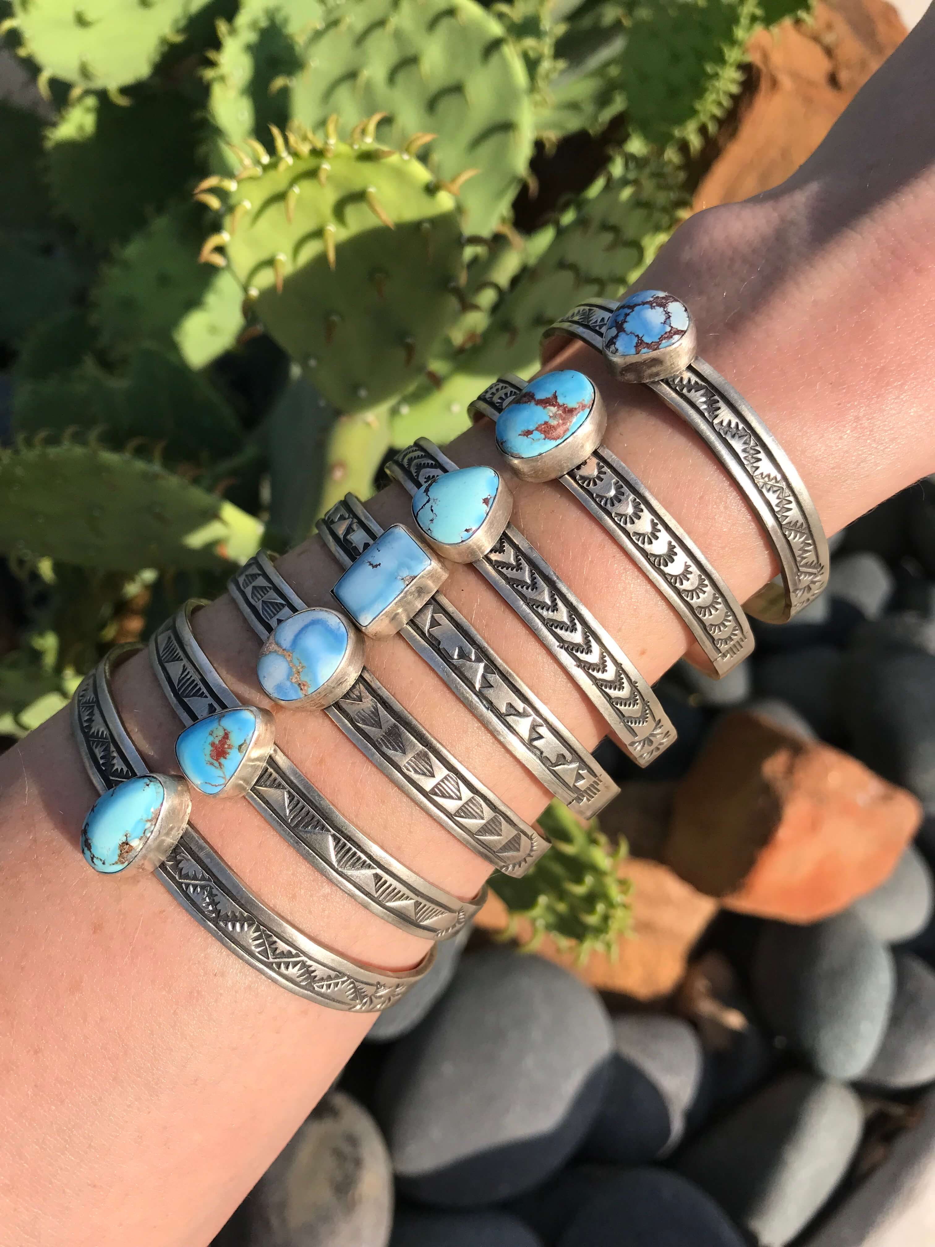 The Glenrio Golden Hill Cuffs-Bracelets & Cuffs-Calli Co., Turquoise and Silver Jewelry, Native American Handmade, Zuni Tribe, Navajo Tribe, Brock Texas