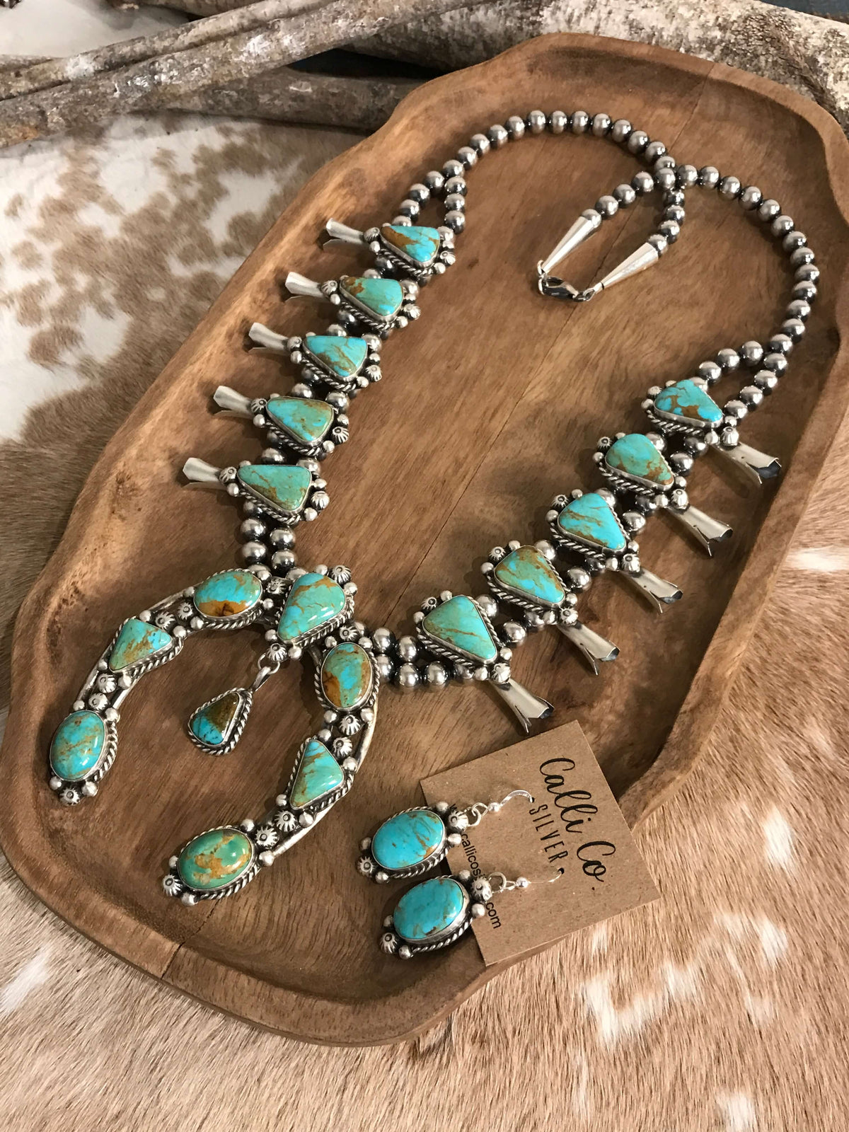The Yellowridge Squash Blossom Necklace Set-Necklaces-Calli Co., Turquoise and Silver Jewelry, Native American Handmade, Zuni Tribe, Navajo Tribe, Brock Texas