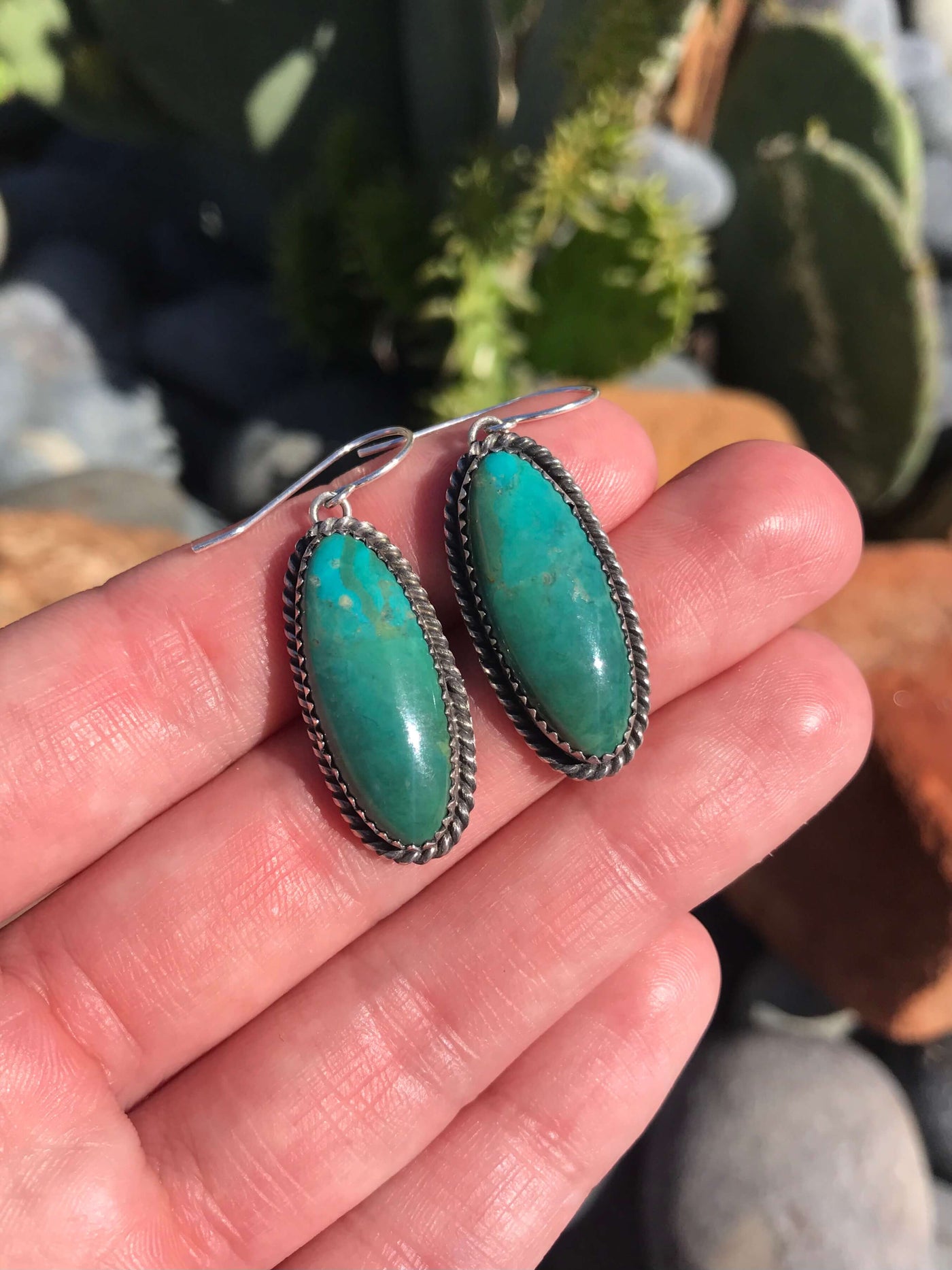 Turquoise Dangle Earrings, 23-Earrings-Calli Co., Turquoise and Silver Jewelry, Native American Handmade, Zuni Tribe, Navajo Tribe, Brock Texas