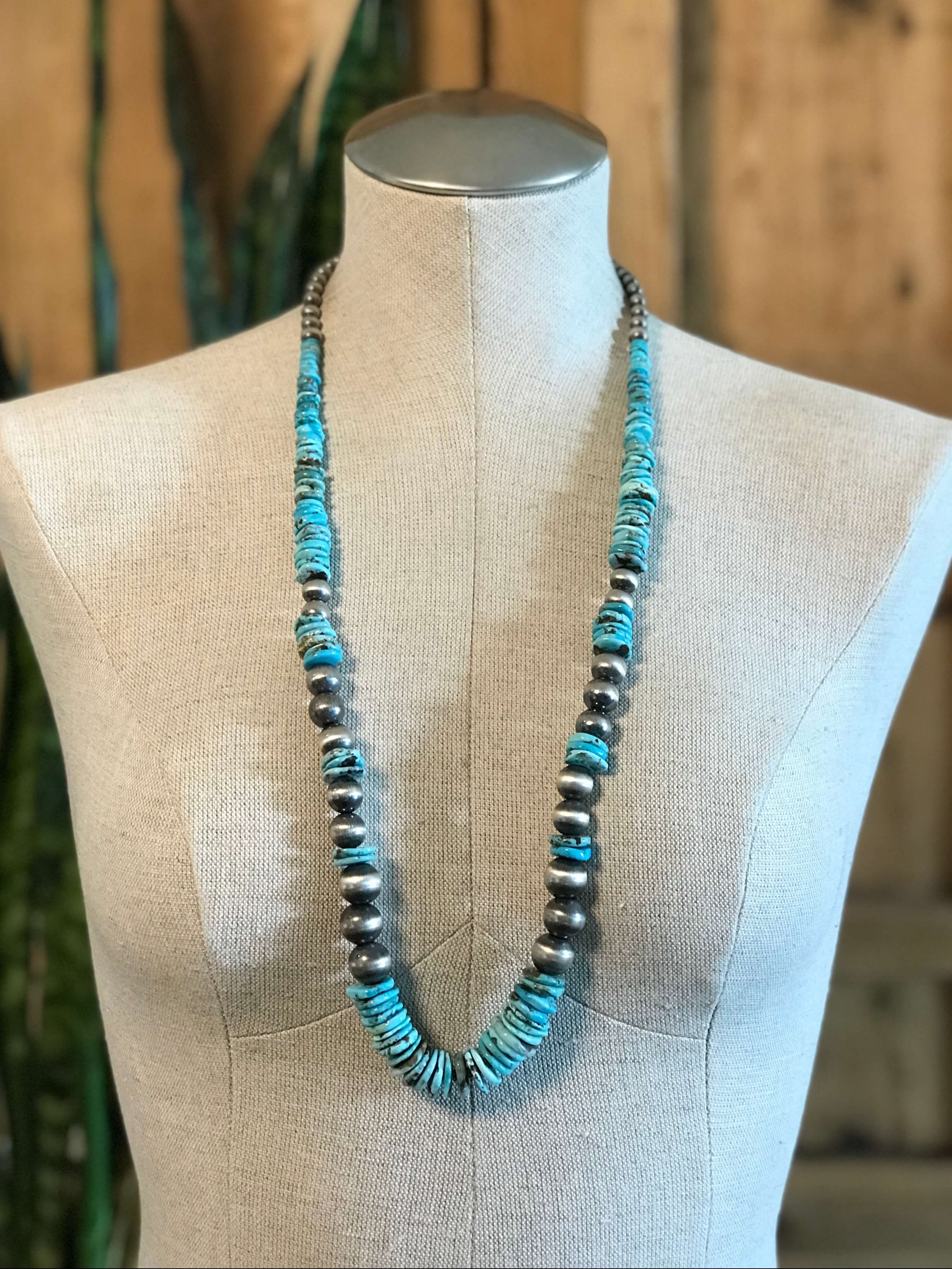 The Olancha Stacked 34" Statement Necklace, 1-Necklaces-Calli Co., Turquoise and Silver Jewelry, Native American Handmade, Zuni Tribe, Navajo Tribe, Brock Texas
