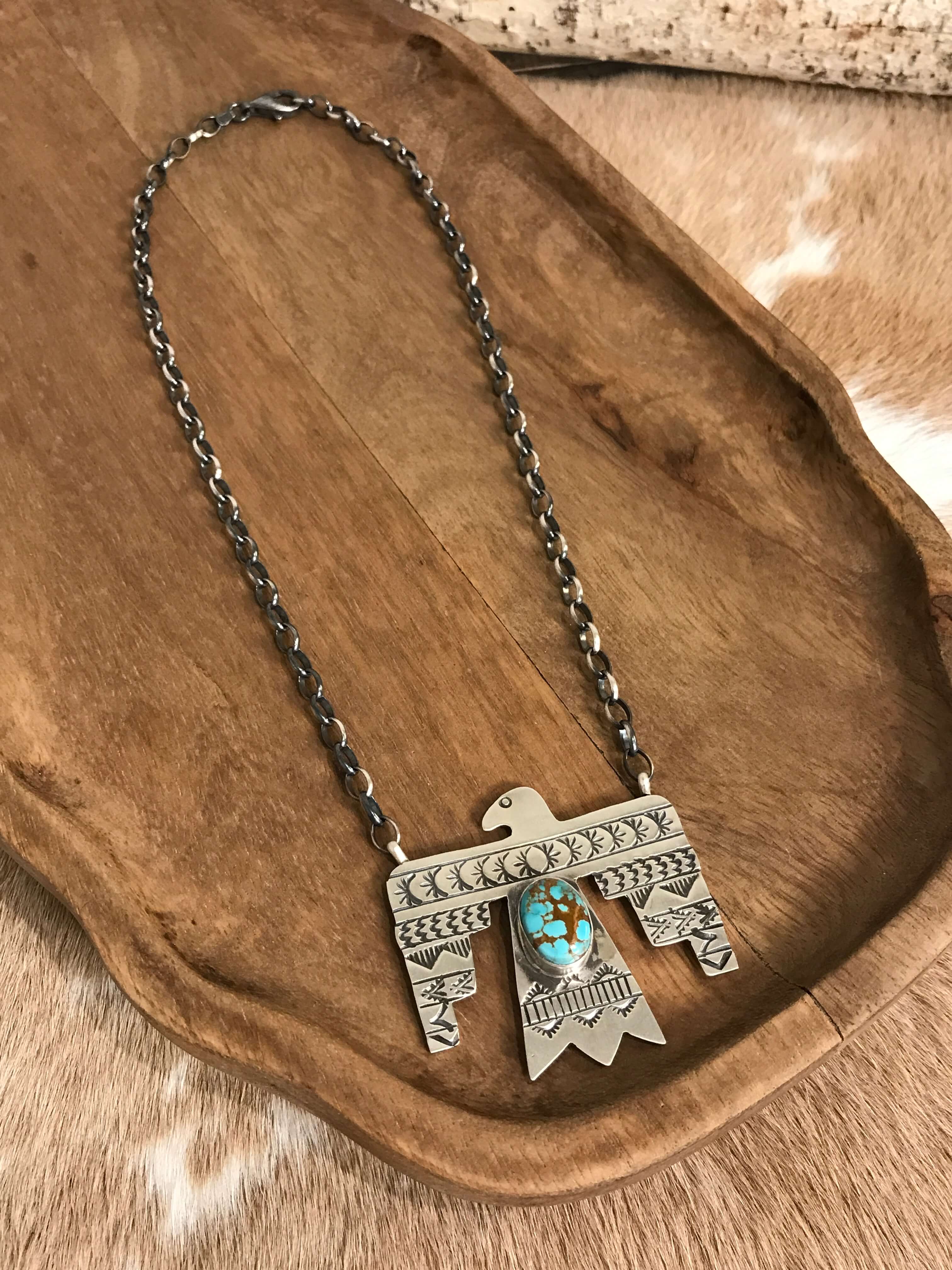The Tahoka Thunderbird Necklace, 11-Necklaces-Calli Co., Turquoise and Silver Jewelry, Native American Handmade, Zuni Tribe, Navajo Tribe, Brock Texas
