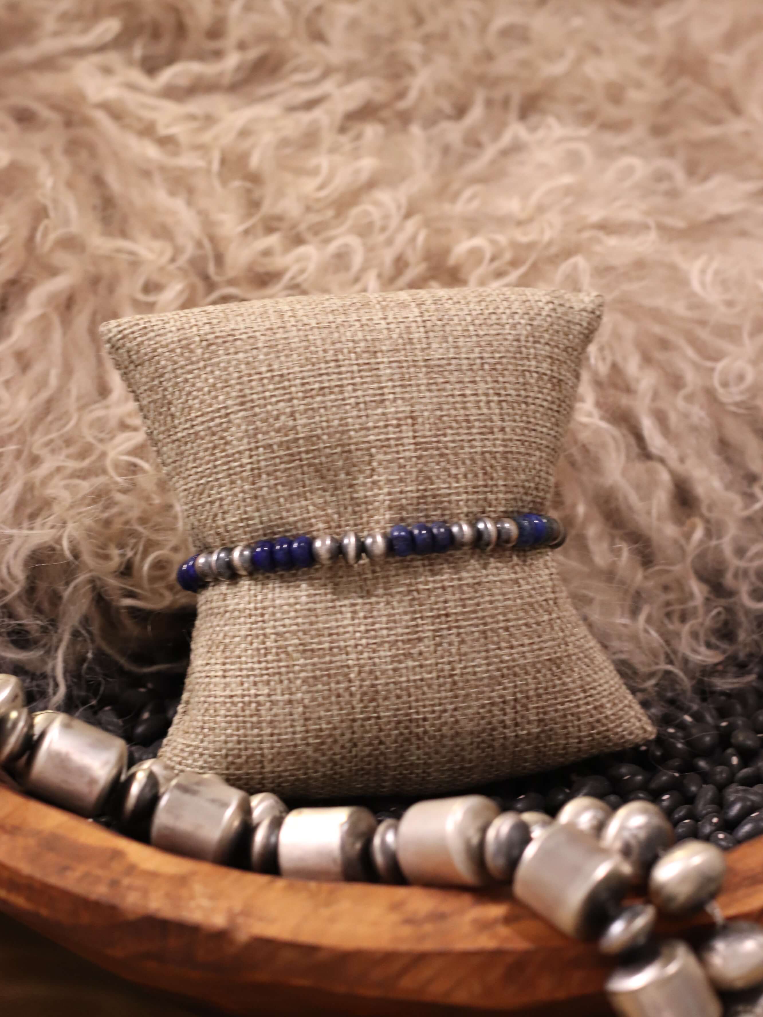 The Tenaha Stretch Bracelet in Lapis-Bracelets & Cuffs-Calli Co., Turquoise and Silver Jewelry, Native American Handmade, Zuni Tribe, Navajo Tribe, Brock Texas