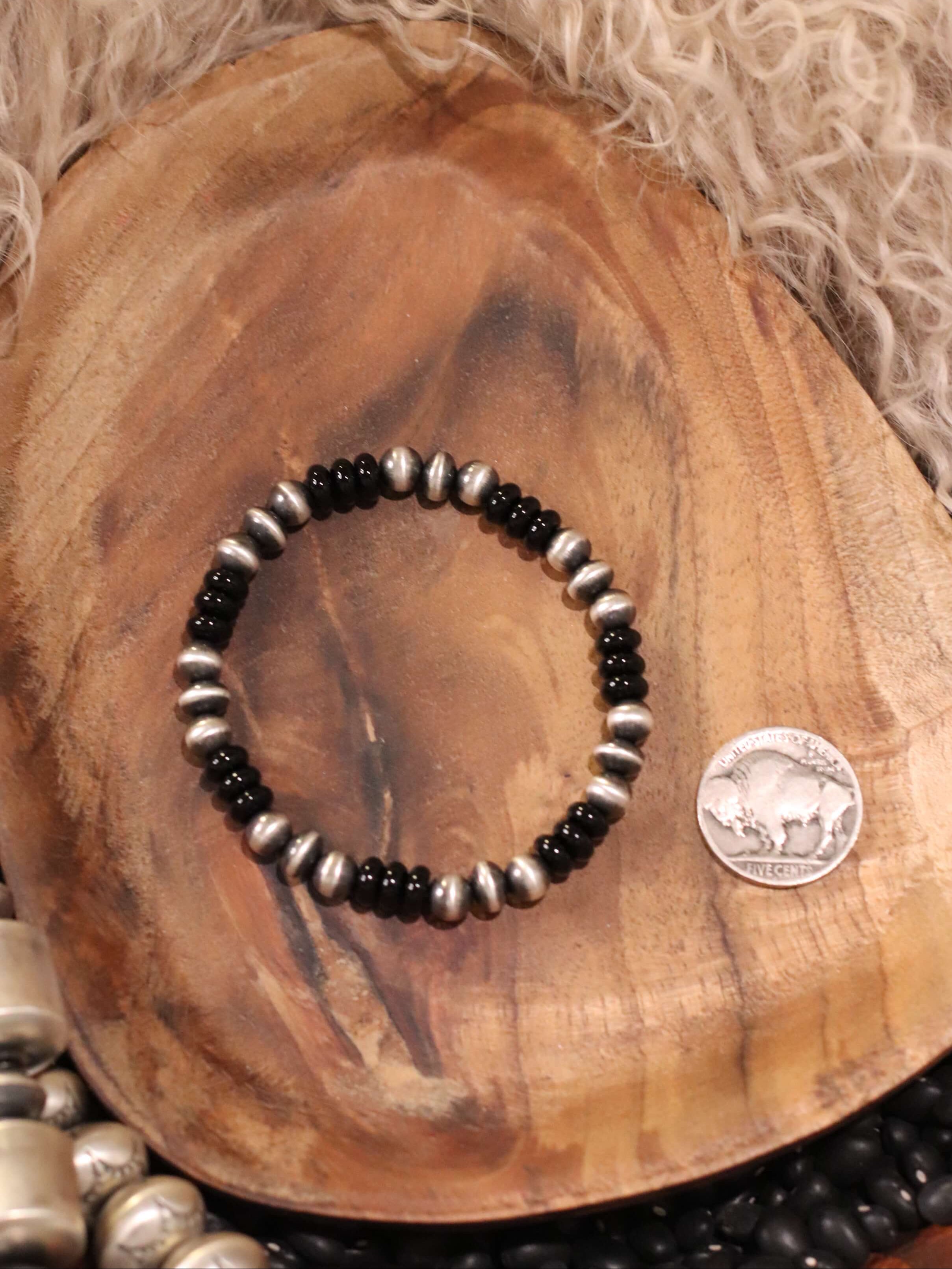 The Tenaha Stretch Bracelet in Onyx-Bracelets & Cuffs-Calli Co., Turquoise and Silver Jewelry, Native American Handmade, Zuni Tribe, Navajo Tribe, Brock Texas