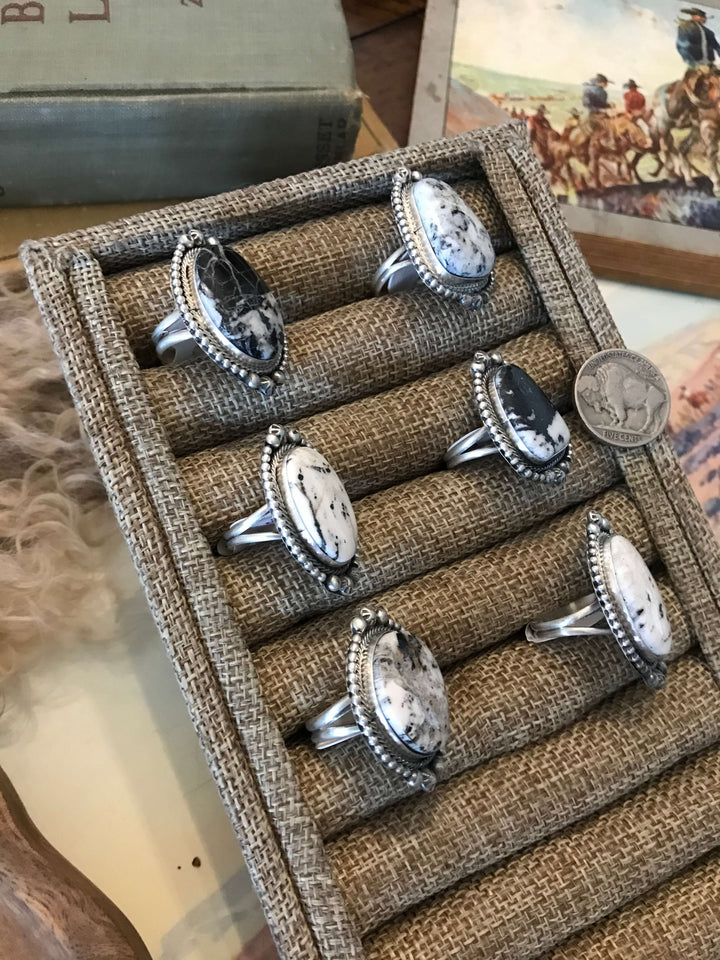 The Wright White Buffalo Rings-Rings-Calli Co., Turquoise and Silver Jewelry, Native American Handmade, Zuni Tribe, Navajo Tribe, Brock Texas