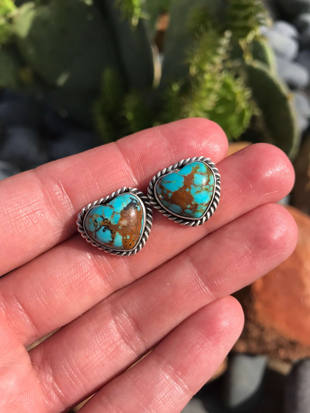 The Turquoise Heart Studs, 3-Earrings-Calli Co., Turquoise and Silver Jewelry, Native American Handmade, Zuni Tribe, Navajo Tribe, Brock Texas