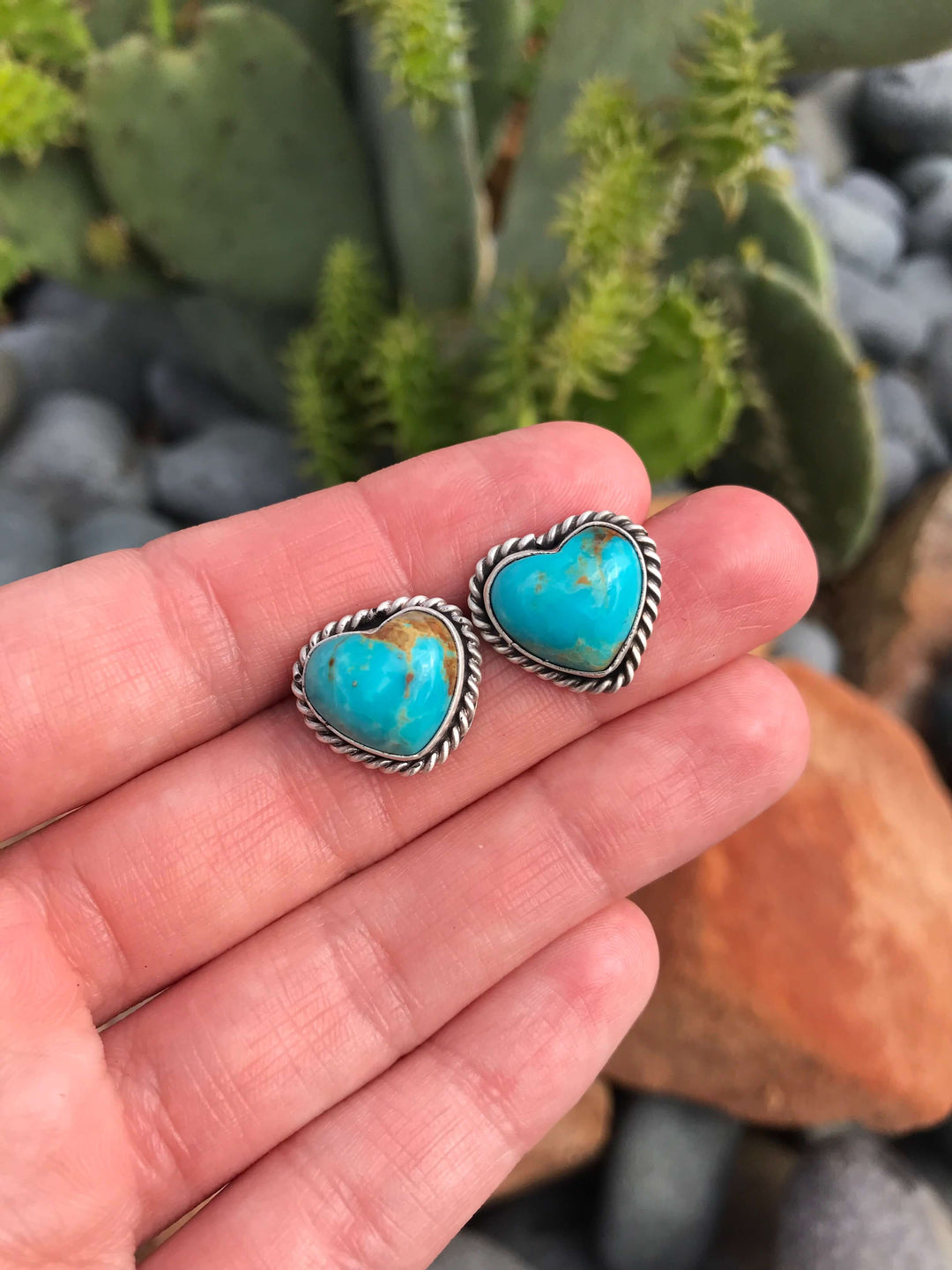 The Turquoise Heart Studs, 8-Earrings-Calli Co., Turquoise and Silver Jewelry, Native American Handmade, Zuni Tribe, Navajo Tribe, Brock Texas