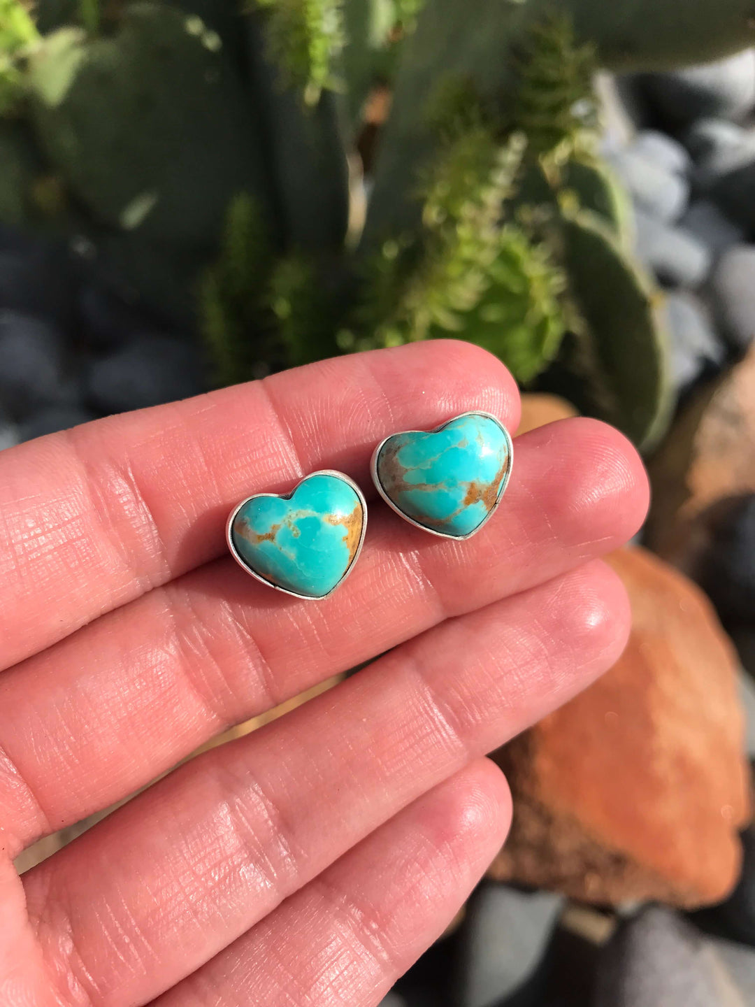 The Turquoise Heart Studs, 12-Earrings-Calli Co., Turquoise and Silver Jewelry, Native American Handmade, Zuni Tribe, Navajo Tribe, Brock Texas