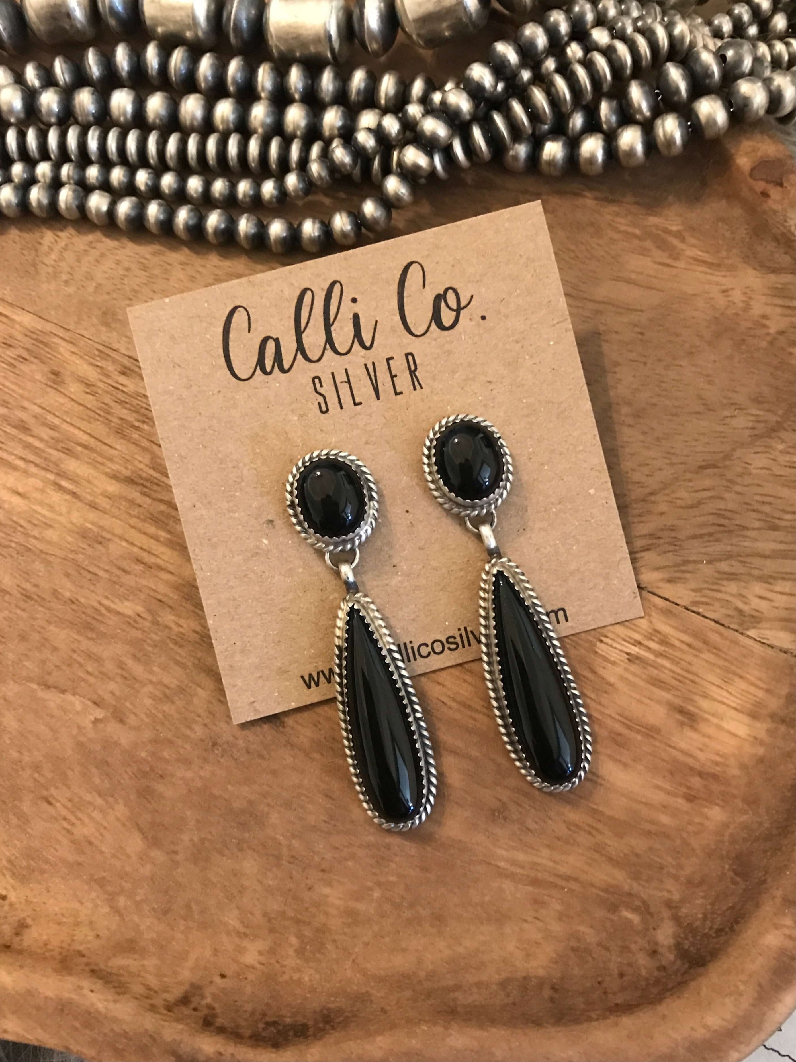 The Billings Onyx Earrings-Earrings-Calli Co., Turquoise and Silver Jewelry, Native American Handmade, Zuni Tribe, Navajo Tribe, Brock Texas