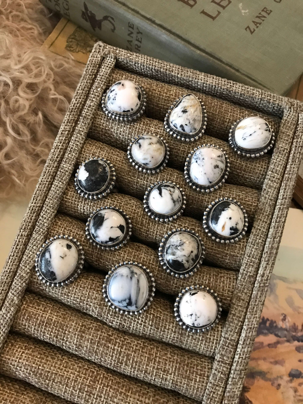 The Winter White Buffalo Rings-Rings-Calli Co., Turquoise and Silver Jewelry, Native American Handmade, Zuni Tribe, Navajo Tribe, Brock Texas