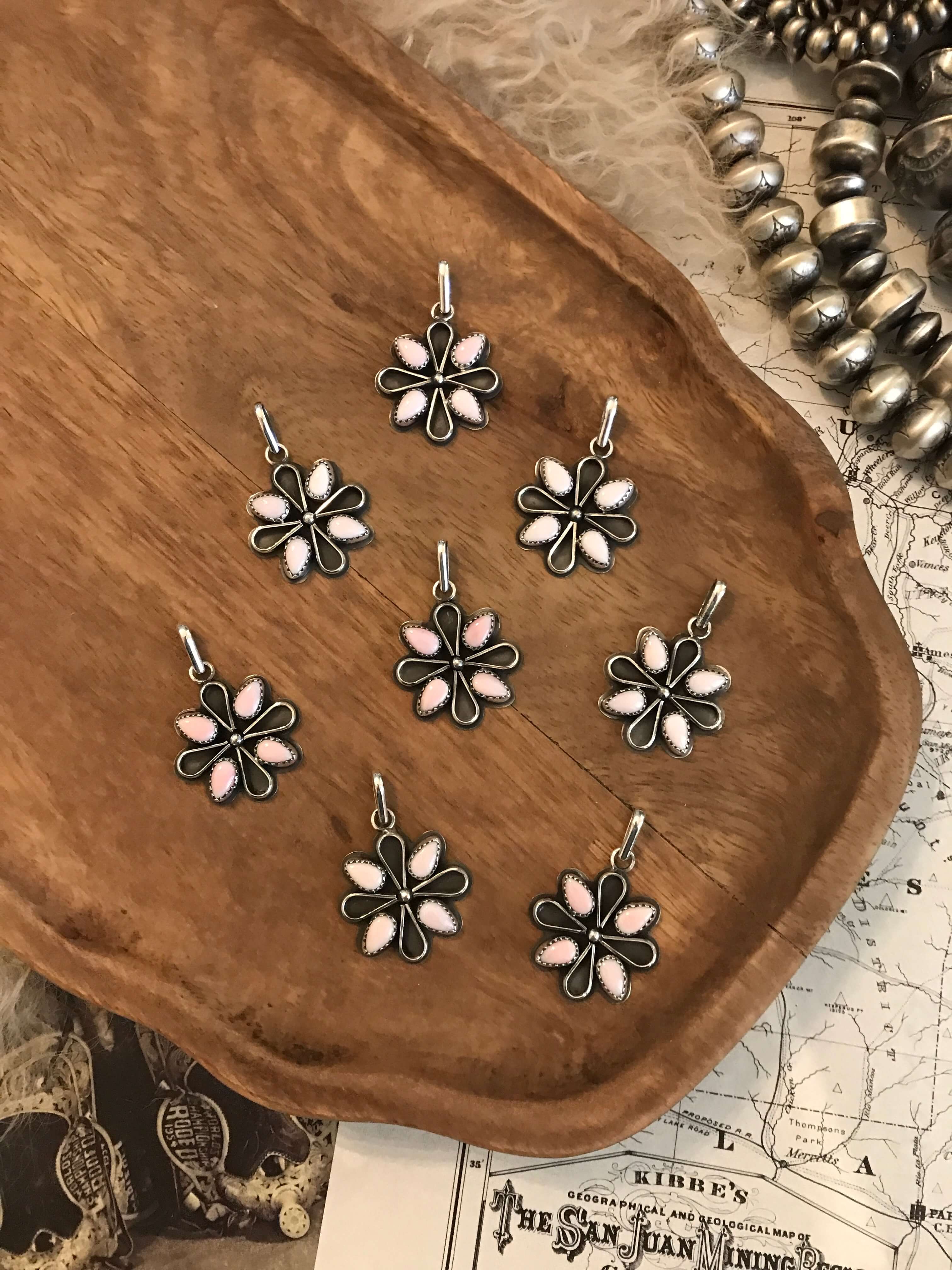 The Peoria Pink Conch Pendants-Pendants-Calli Co., Turquoise and Silver Jewelry, Native American Handmade, Zuni Tribe, Navajo Tribe, Brock Texas