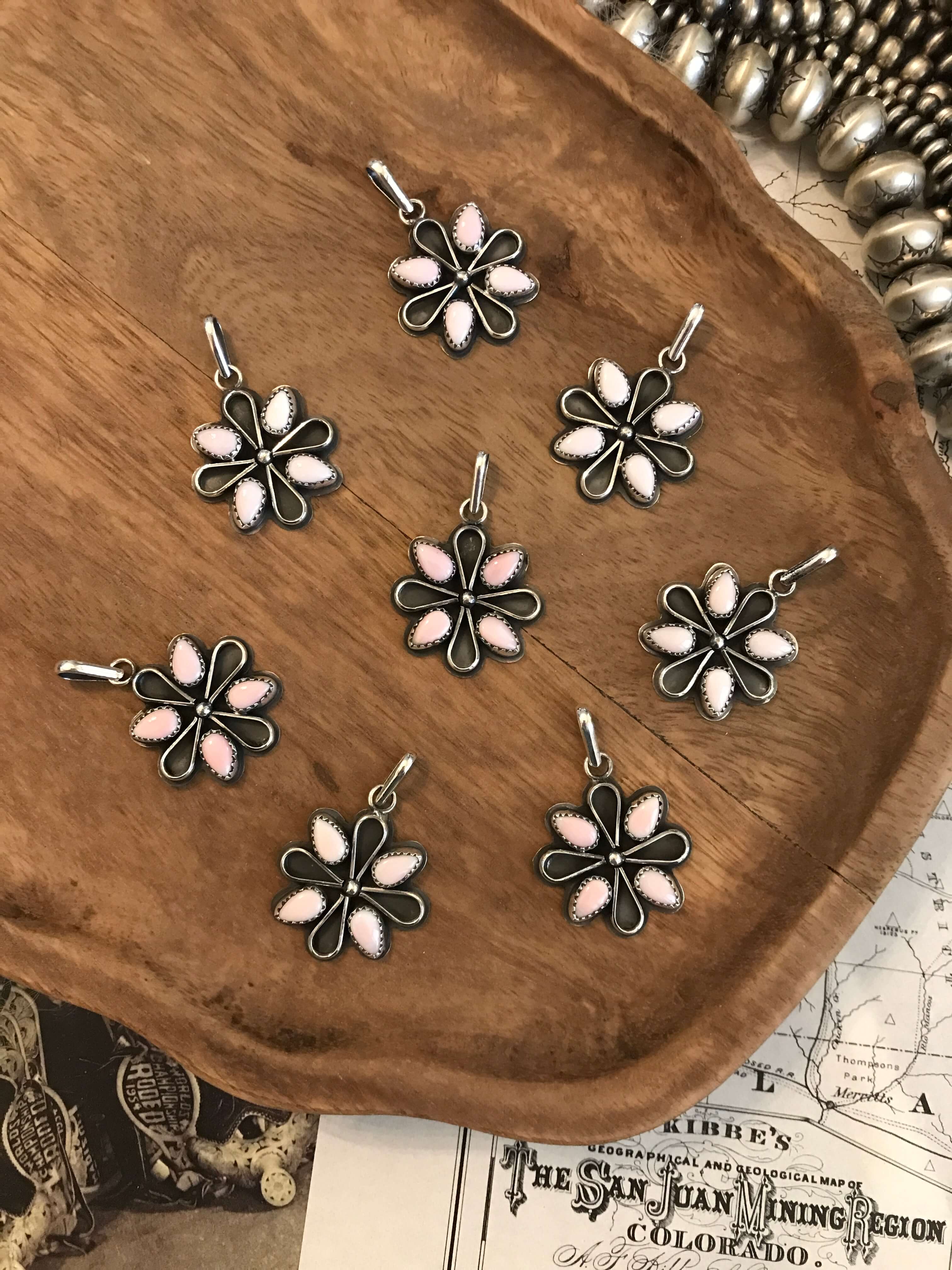 The Peoria Pink Conch Pendants-Pendants-Calli Co., Turquoise and Silver Jewelry, Native American Handmade, Zuni Tribe, Navajo Tribe, Brock Texas