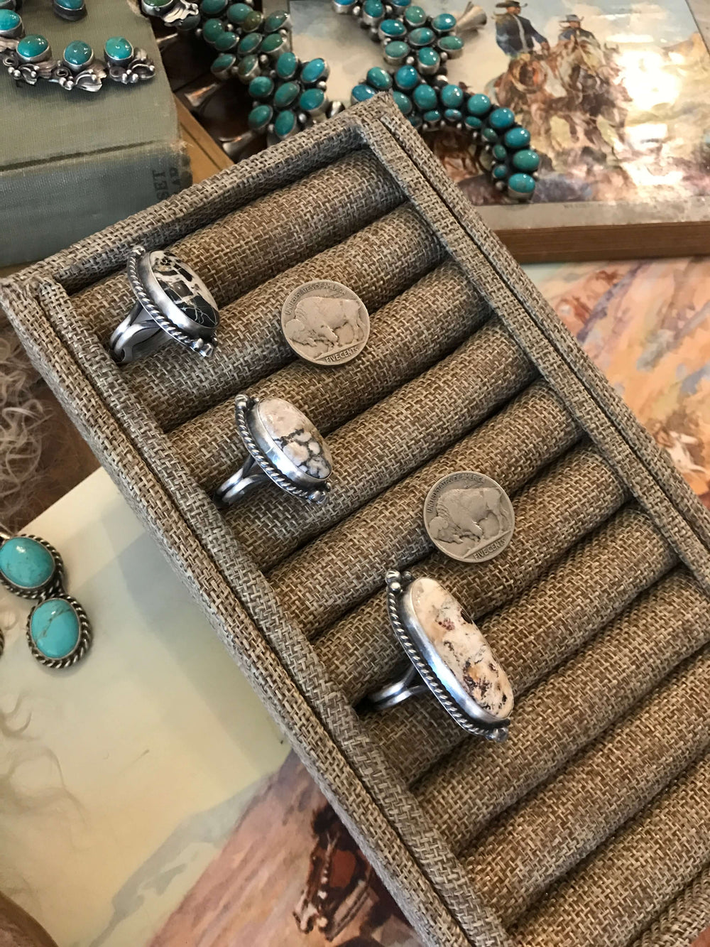 The Wallen Rings in White Buffalo-Rings-Calli Co., Turquoise and Silver Jewelry, Native American Handmade, Zuni Tribe, Navajo Tribe, Brock Texas