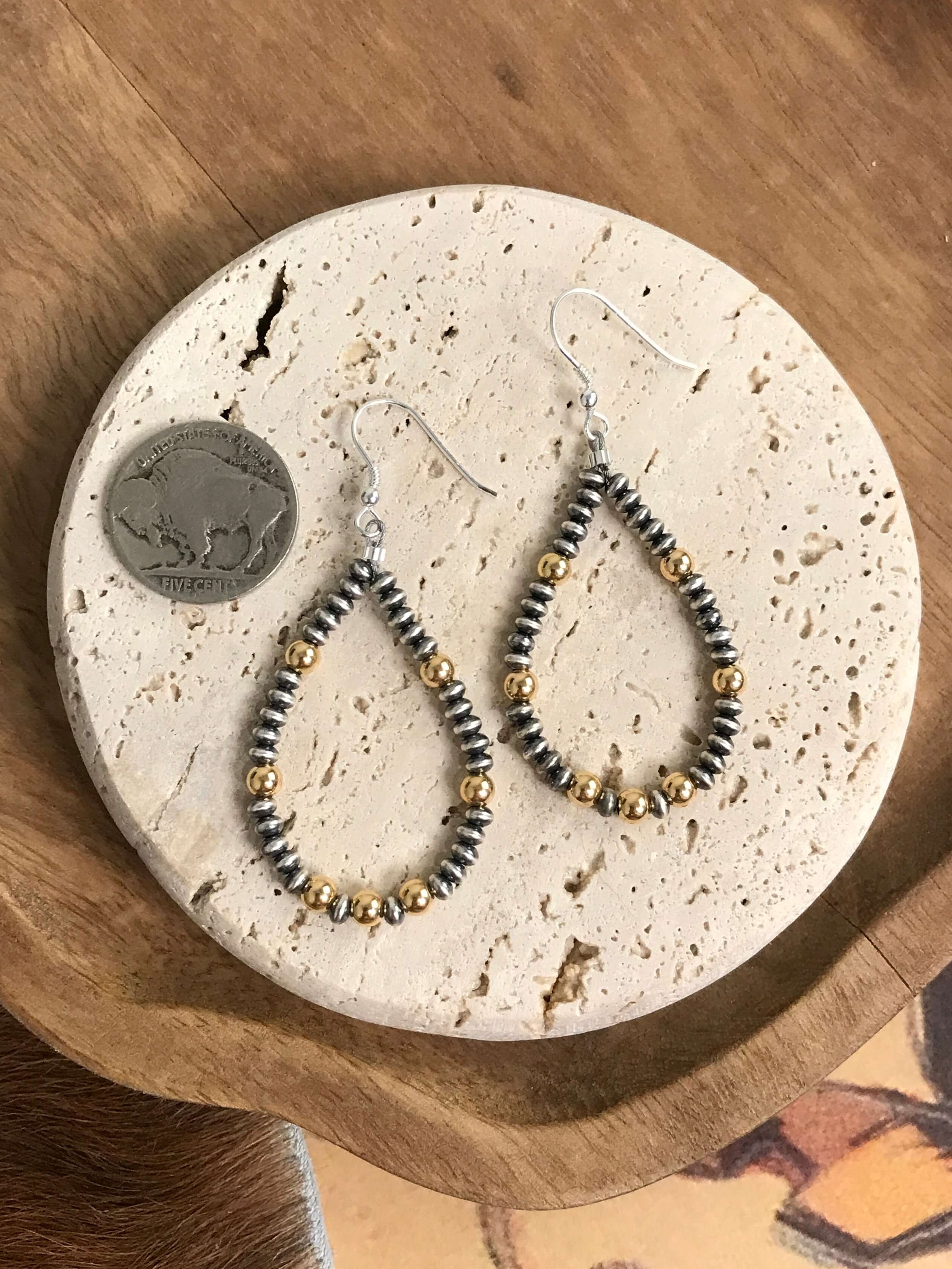 The Calladen Gold and Pearl Saucer Hoop Earrings-Earrings-Calli Co., Turquoise and Silver Jewelry, Native American Handmade, Zuni Tribe, Navajo Tribe, Brock Texas