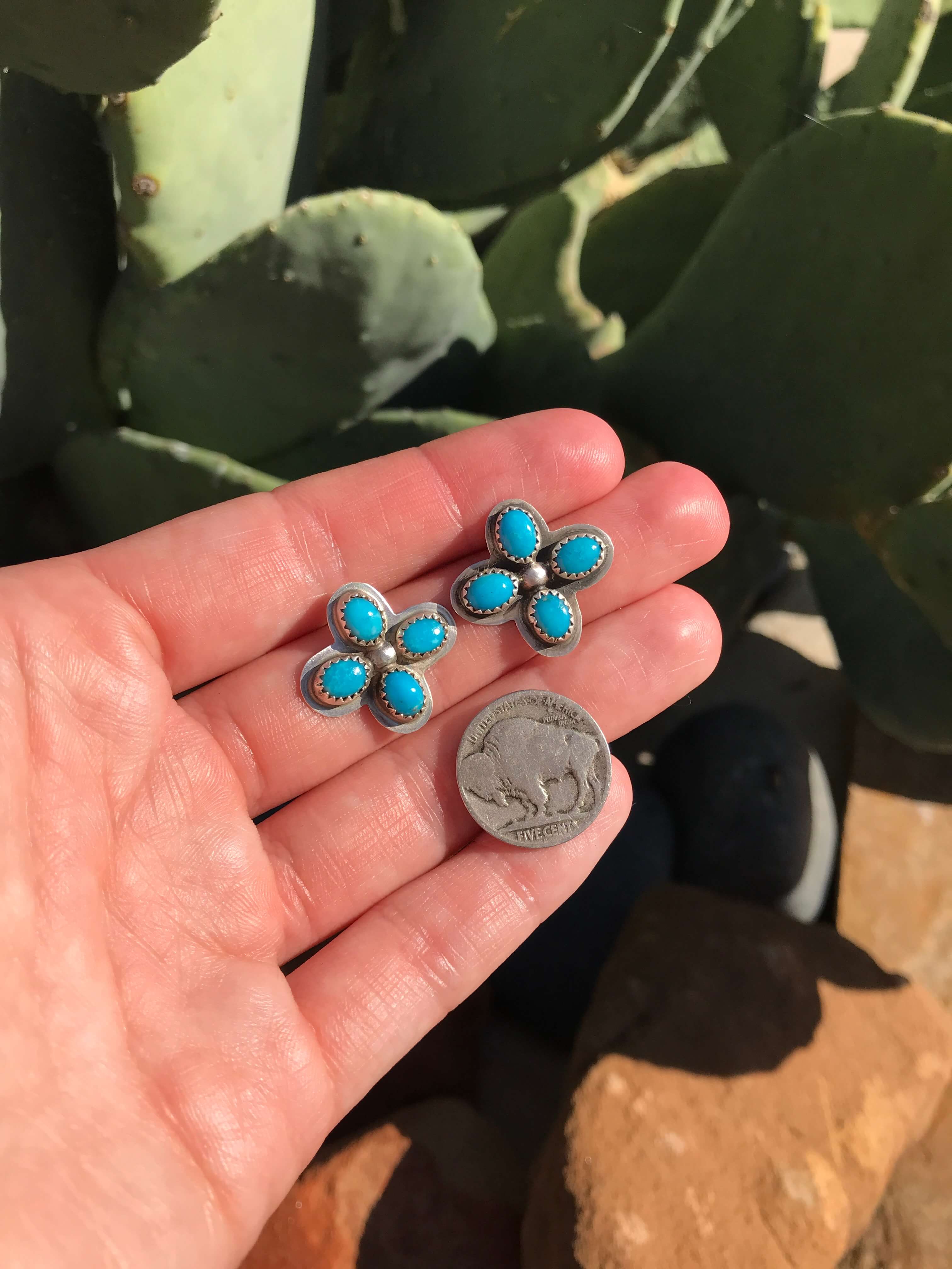 The Stephenville Earrings in Turquoise-Earrings-Calli Co., Turquoise and Silver Jewelry, Native American Handmade, Zuni Tribe, Navajo Tribe, Brock Texas