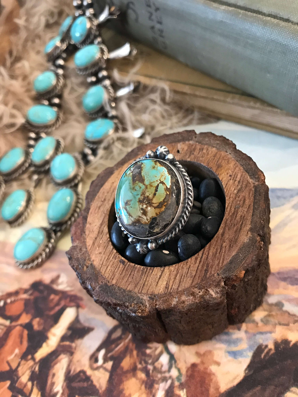 The Wallen Ring in Turquoise 2, Sz 9.75-Rings-Calli Co., Turquoise and Silver Jewelry, Native American Handmade, Zuni Tribe, Navajo Tribe, Brock Texas