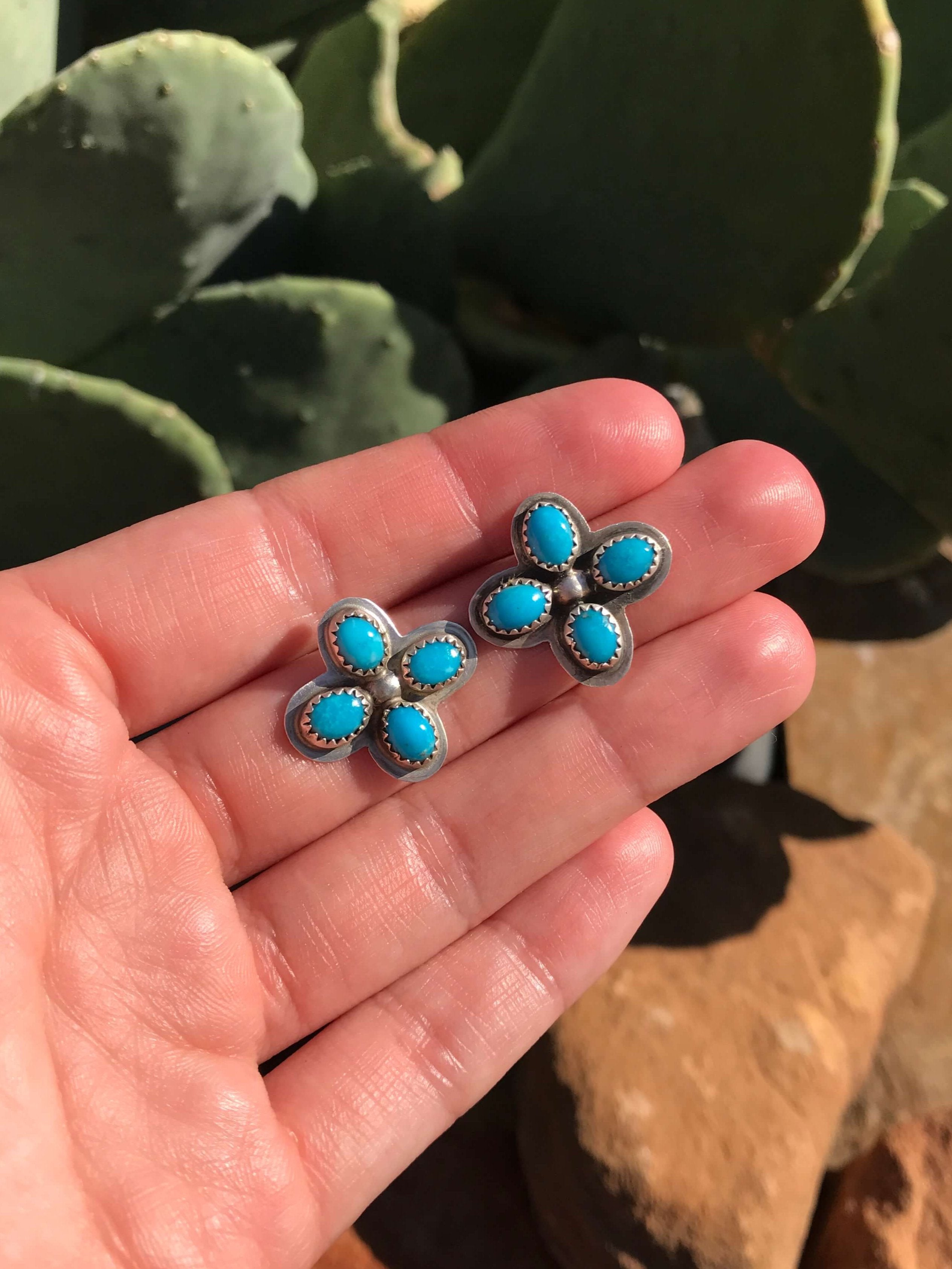 The Stephenville Earrings in Turquoise-Earrings-Calli Co., Turquoise and Silver Jewelry, Native American Handmade, Zuni Tribe, Navajo Tribe, Brock Texas