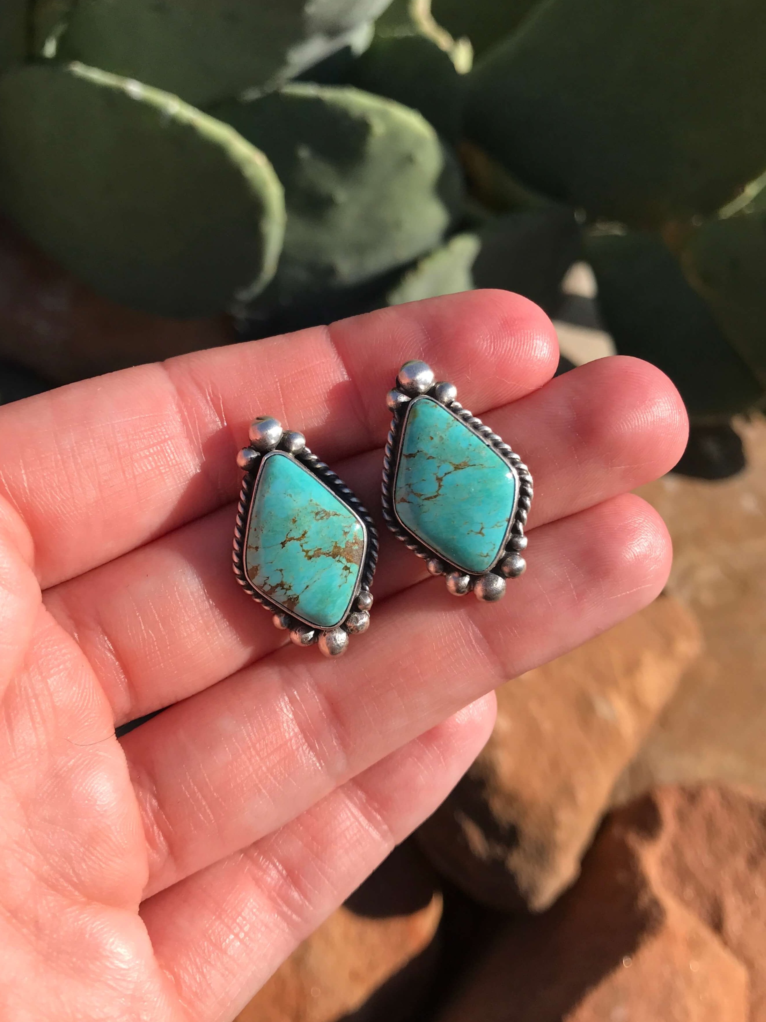 The Turquoise Studs, 2-Earrings-Calli Co., Turquoise and Silver Jewelry, Native American Handmade, Zuni Tribe, Navajo Tribe, Brock Texas