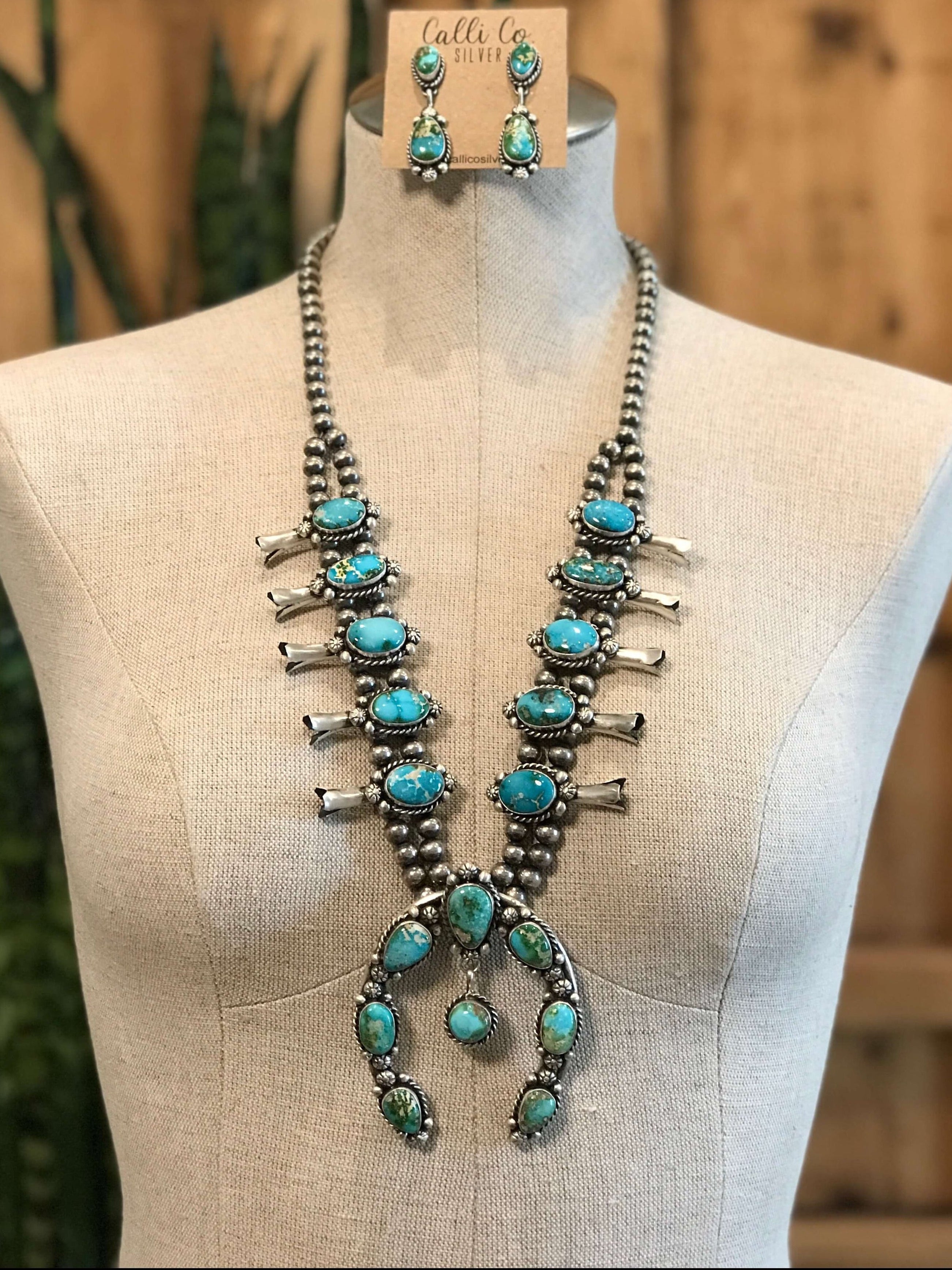 The Wind River Squash Blossom Necklace Set-Necklaces-Calli Co., Turquoise and Silver Jewelry, Native American Handmade, Zuni Tribe, Navajo Tribe, Brock Texas