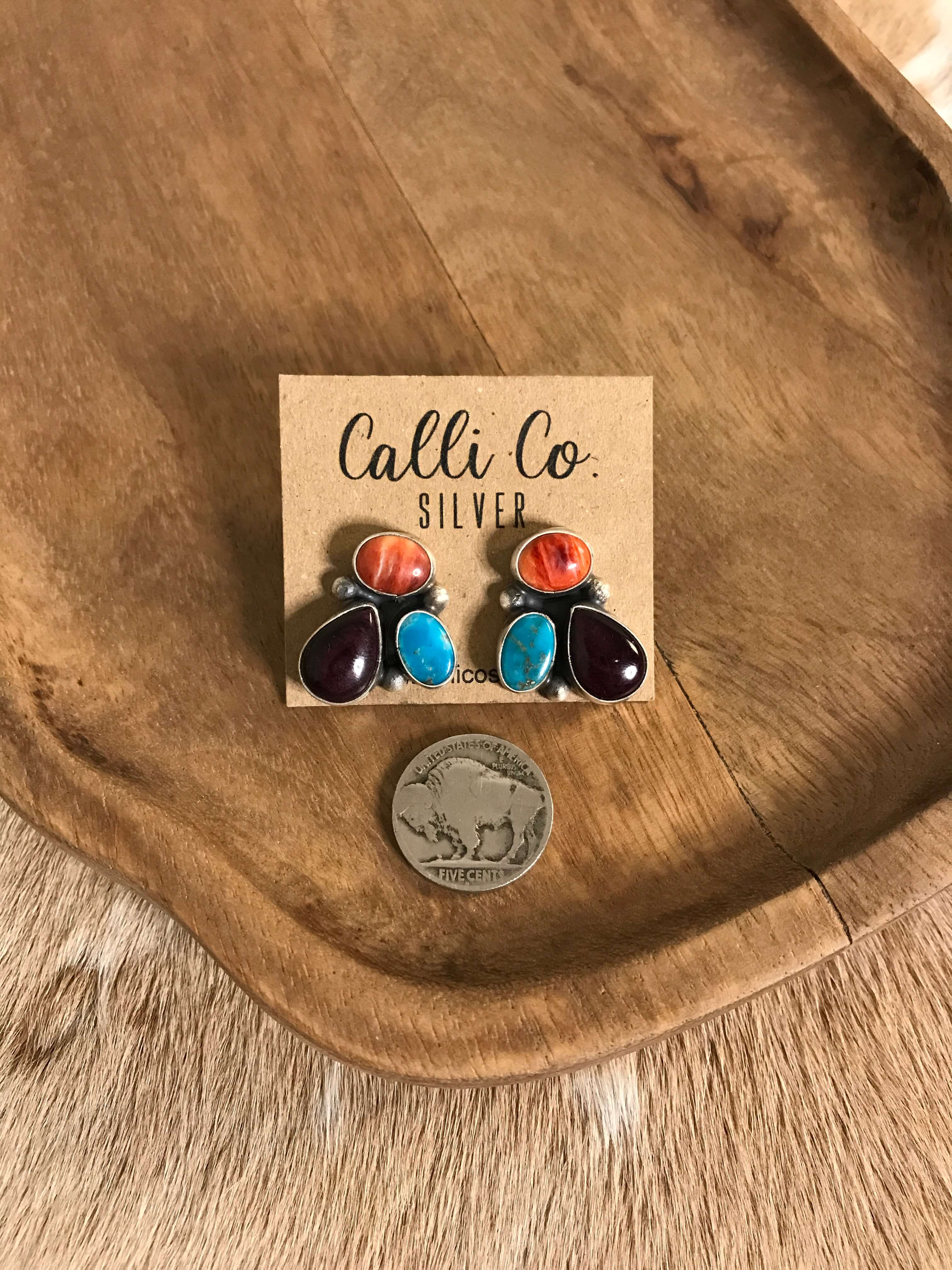 The Tempe Turquoise Cluster Earrings, 4-Earrings-Calli Co., Turquoise and Silver Jewelry, Native American Handmade, Zuni Tribe, Navajo Tribe, Brock Texas