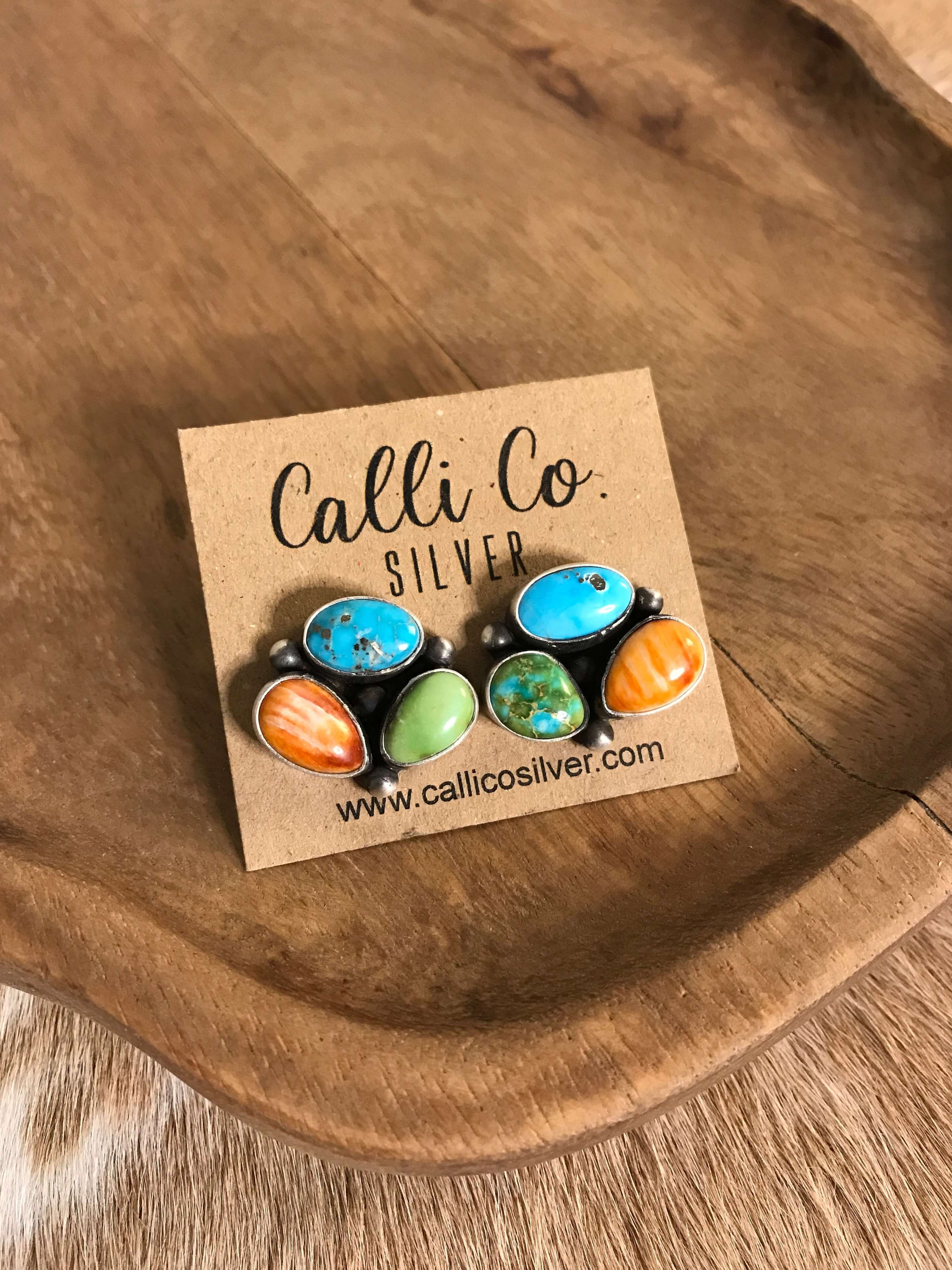 The Tempe Turquoise Cluster Earrings, 8-Earrings-Calli Co., Turquoise and Silver Jewelry, Native American Handmade, Zuni Tribe, Navajo Tribe, Brock Texas