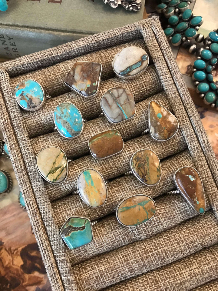The Yuma Rings in Boulder-Rings-Calli Co., Turquoise and Silver Jewelry, Native American Handmade, Zuni Tribe, Navajo Tribe, Brock Texas
