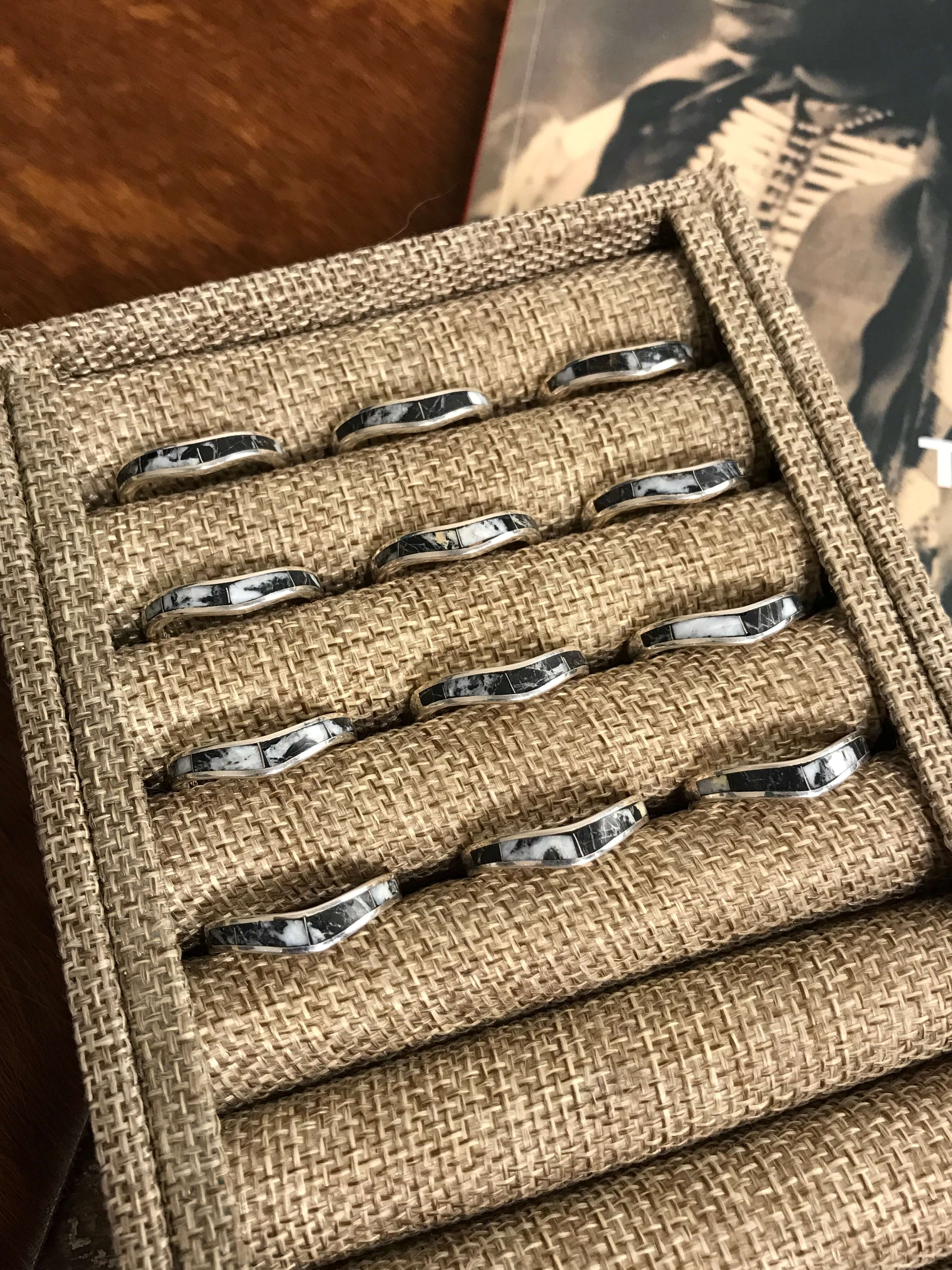 The Inlay Collection Ripple White Buffalo Band-Rings-Calli Co., Turquoise and Silver Jewelry, Native American Handmade, Zuni Tribe, Navajo Tribe, Brock Texas