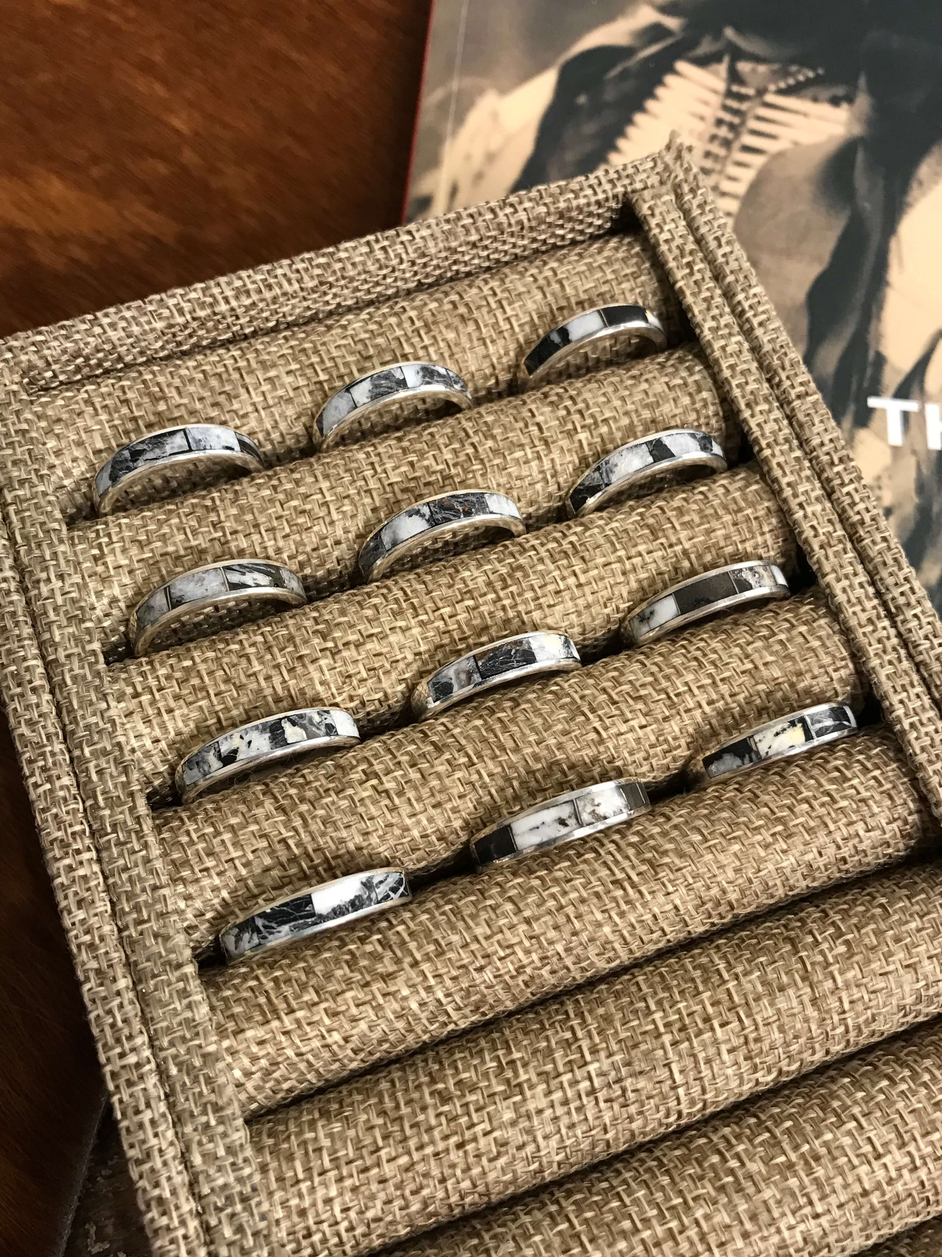 The Inlay Collection Grande White Buffalo Band-Rings-Calli Co., Turquoise and Silver Jewelry, Native American Handmade, Zuni Tribe, Navajo Tribe, Brock Texas