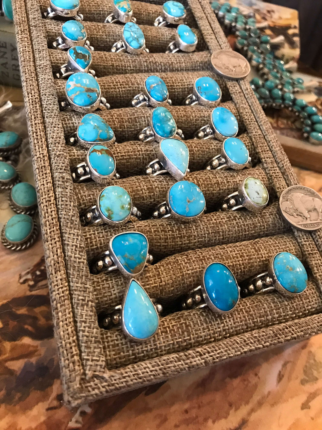 The Zinnia Rings in Blue Turquoise-Rings-Calli Co., Turquoise and Silver Jewelry, Native American Handmade, Zuni Tribe, Navajo Tribe, Brock Texas