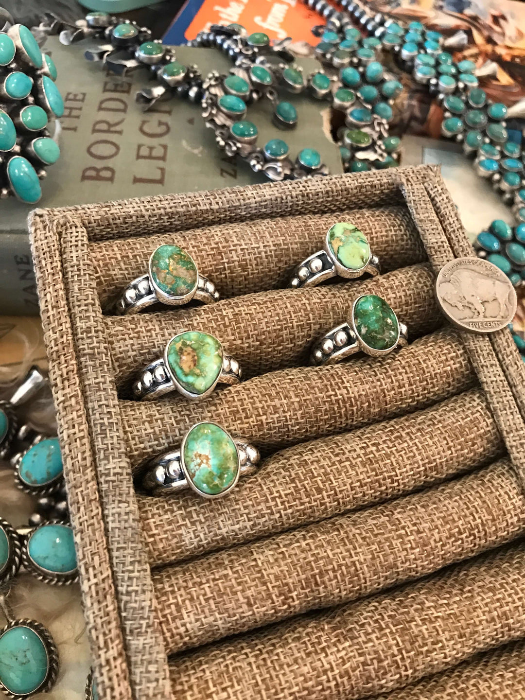 The Zinnia Rings in Green Turquoise-Rings-Calli Co., Turquoise and Silver Jewelry, Native American Handmade, Zuni Tribe, Navajo Tribe, Brock Texas