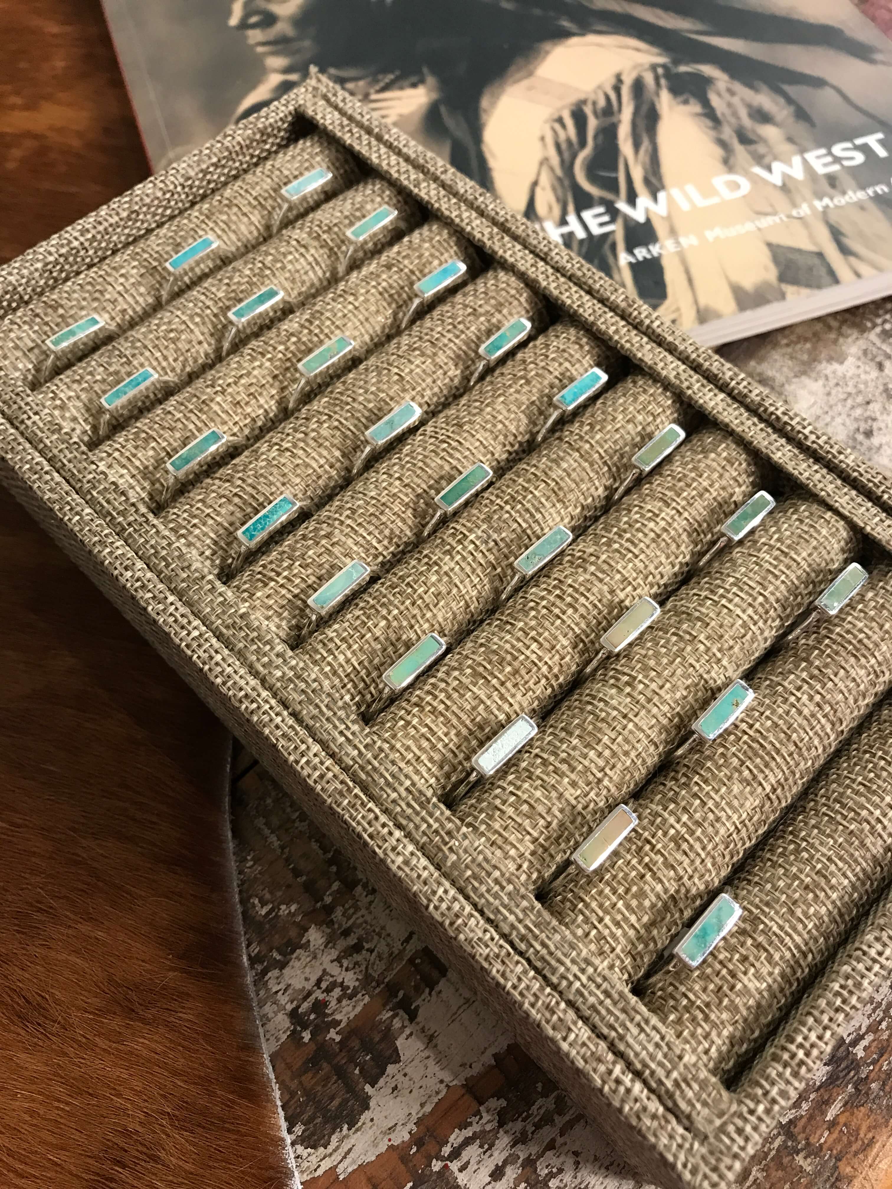 The Inlay Collection Rectangle Turquoise Band-Rings-Calli Co., Turquoise and Silver Jewelry, Native American Handmade, Zuni Tribe, Navajo Tribe, Brock Texas