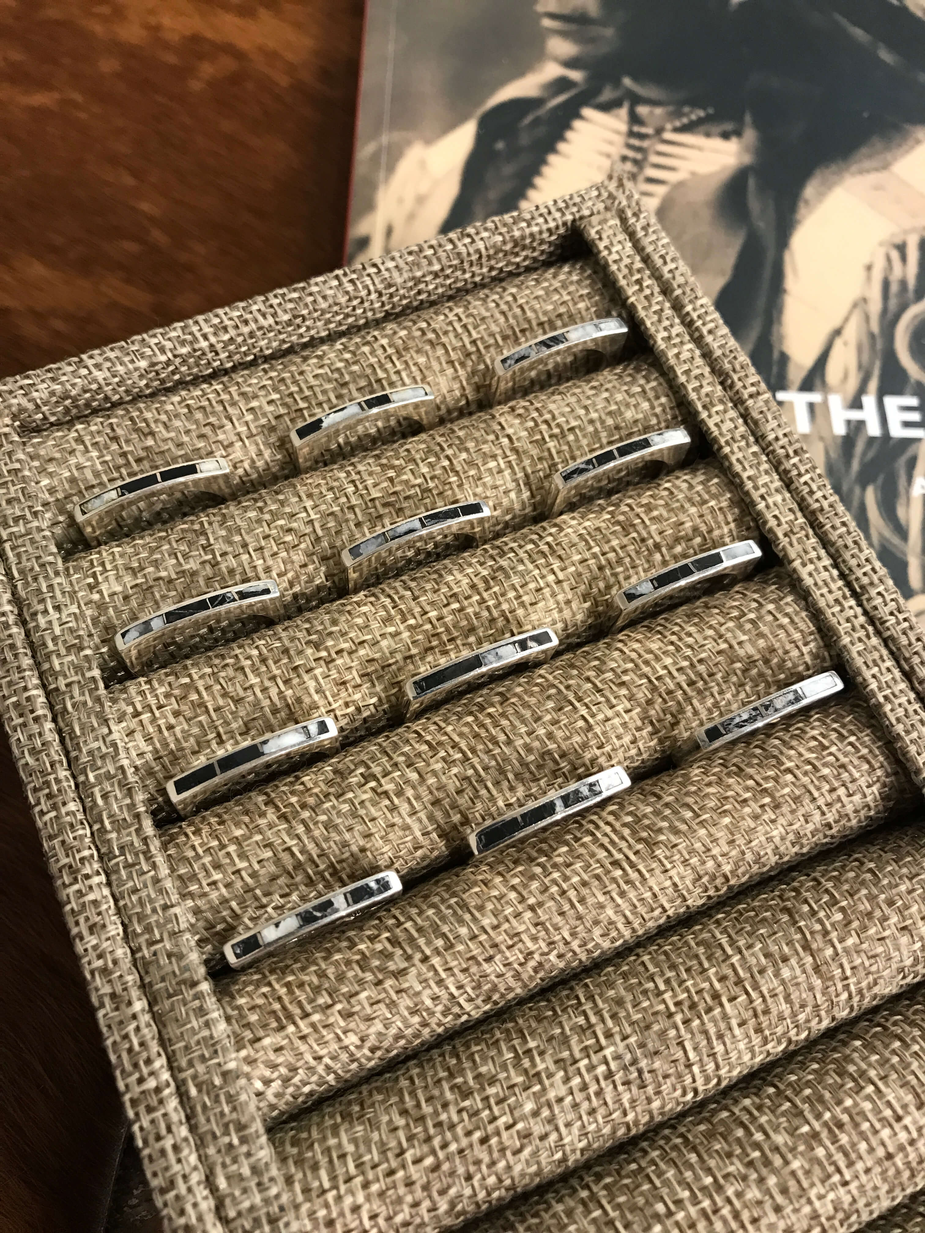 The Inlay Collection Thin White Buffalo Band-Rings-Calli Co., Turquoise and Silver Jewelry, Native American Handmade, Zuni Tribe, Navajo Tribe, Brock Texas