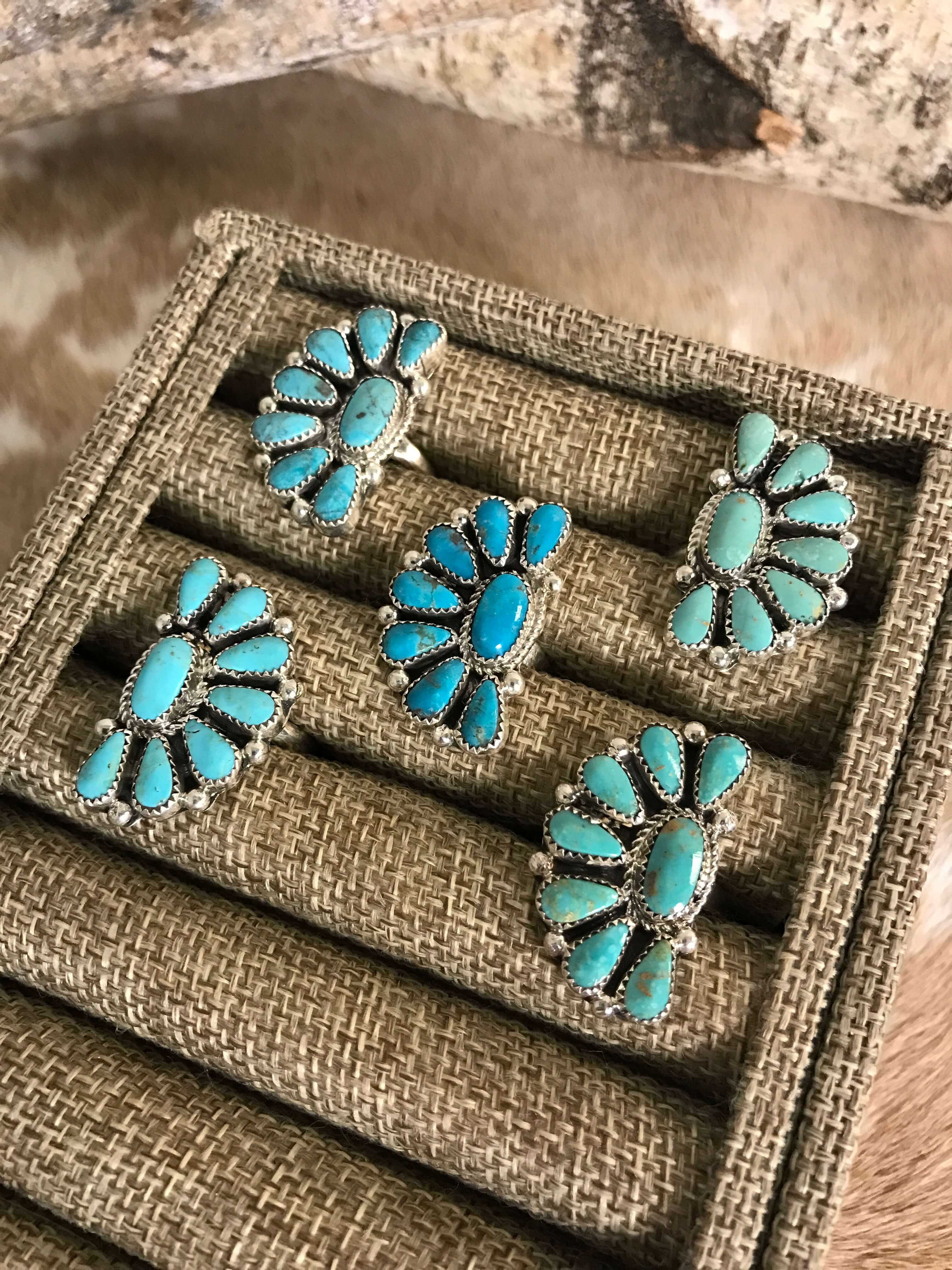 The Crest Adjustable Turquoise Cluster Rings-Rings-Calli Co., Turquoise and Silver Jewelry, Native American Handmade, Zuni Tribe, Navajo Tribe, Brock Texas
