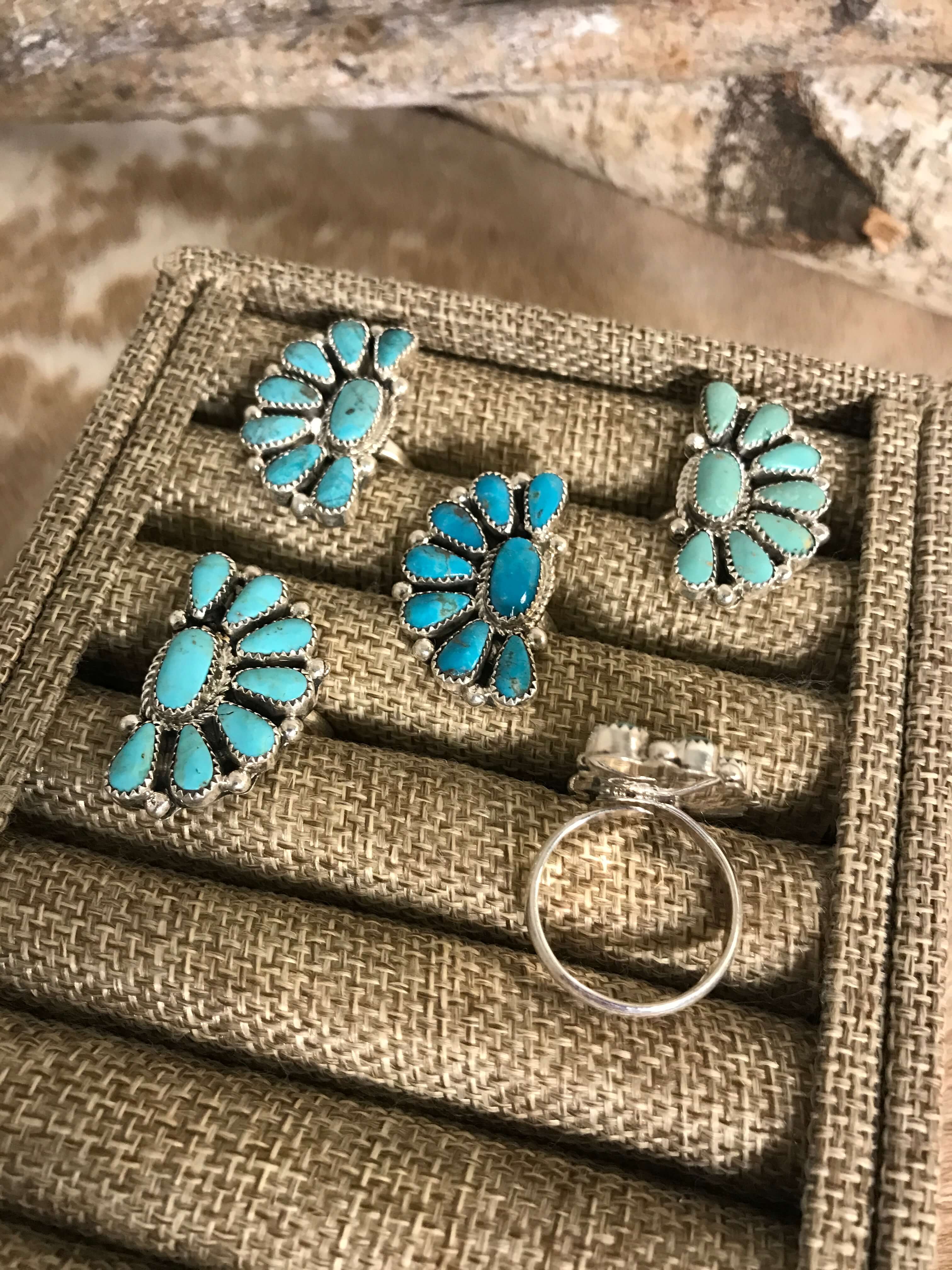 The Crest Adjustable Turquoise Cluster Rings-Rings-Calli Co., Turquoise and Silver Jewelry, Native American Handmade, Zuni Tribe, Navajo Tribe, Brock Texas